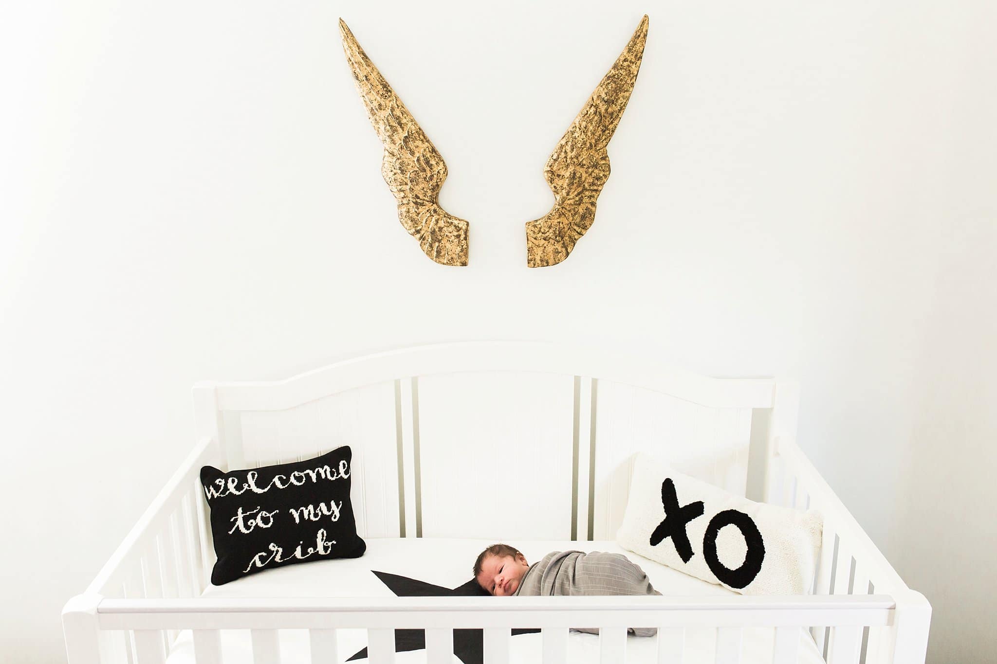 Newborn in crib with pottery barn pillows and restoration hardware wings