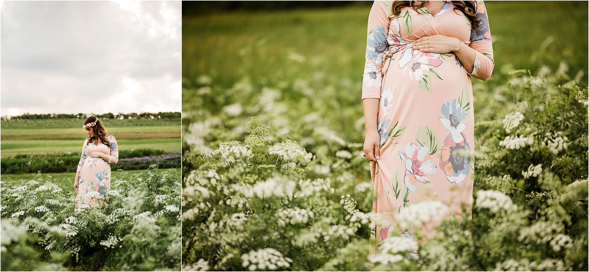 gorgeous pregnant woman in field of flowers 