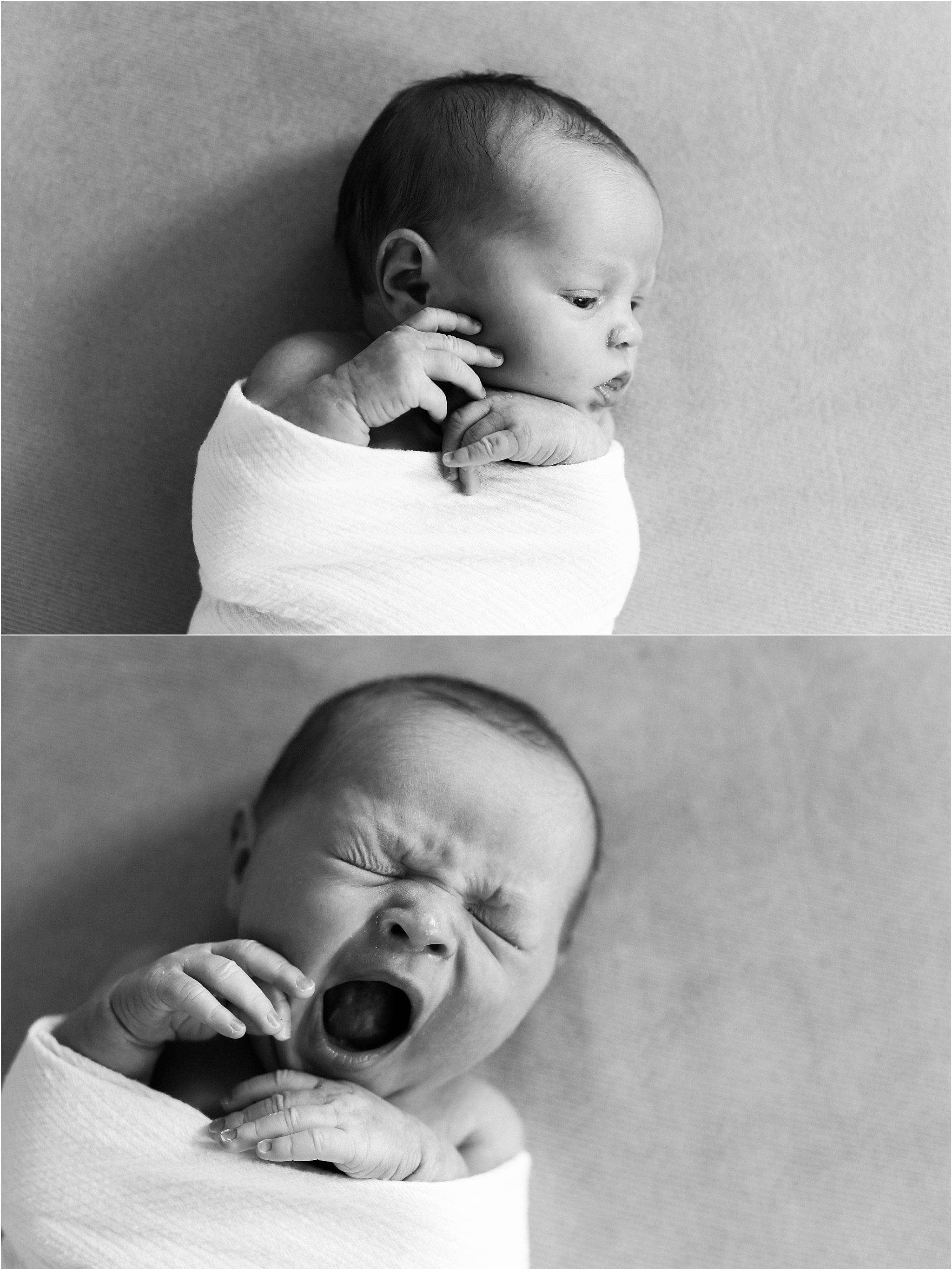 natural photos of newborn swaddled and yawning