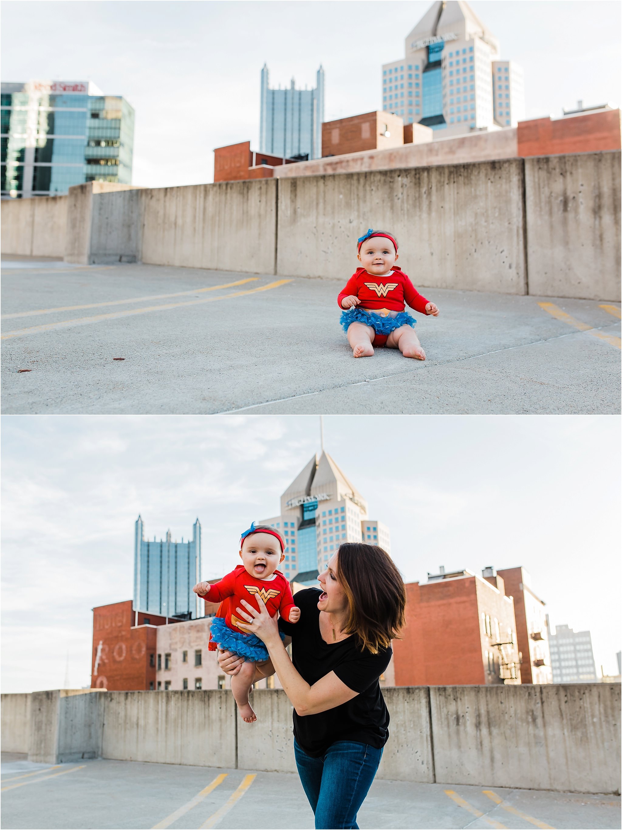 baby wonder woman in front of pittsburgh city skyline 