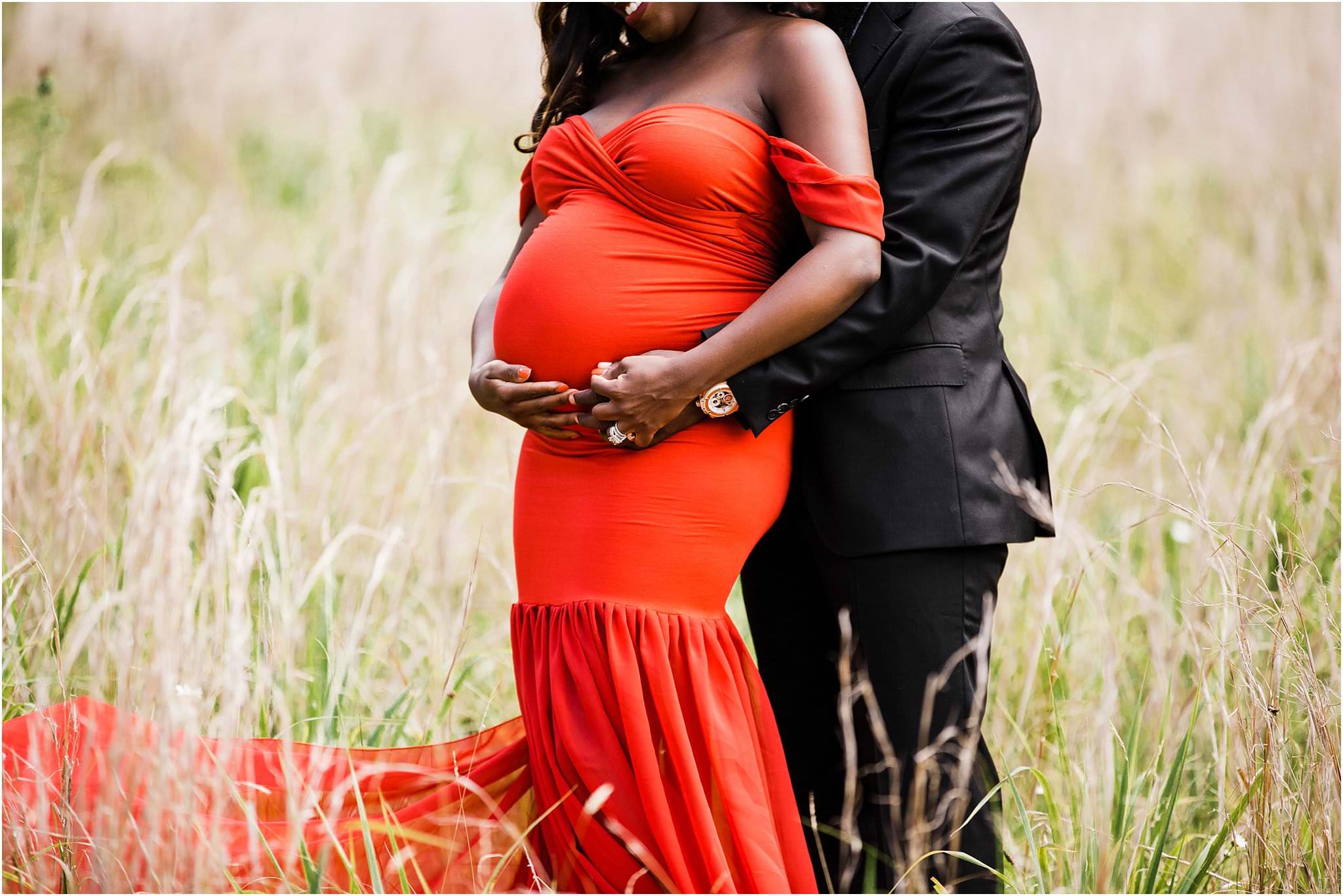 Glam red dress maternity photos 