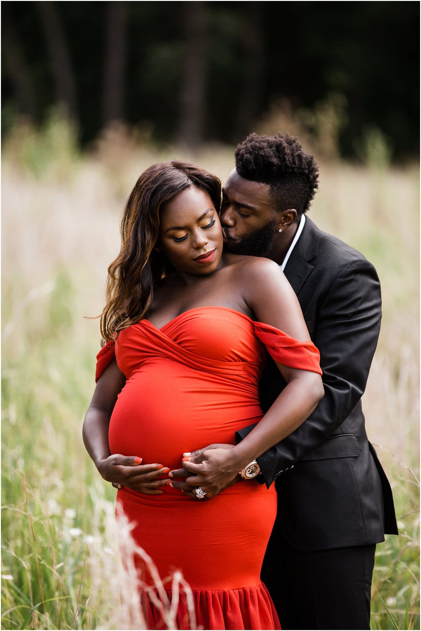 Glam red dress maternity photos 