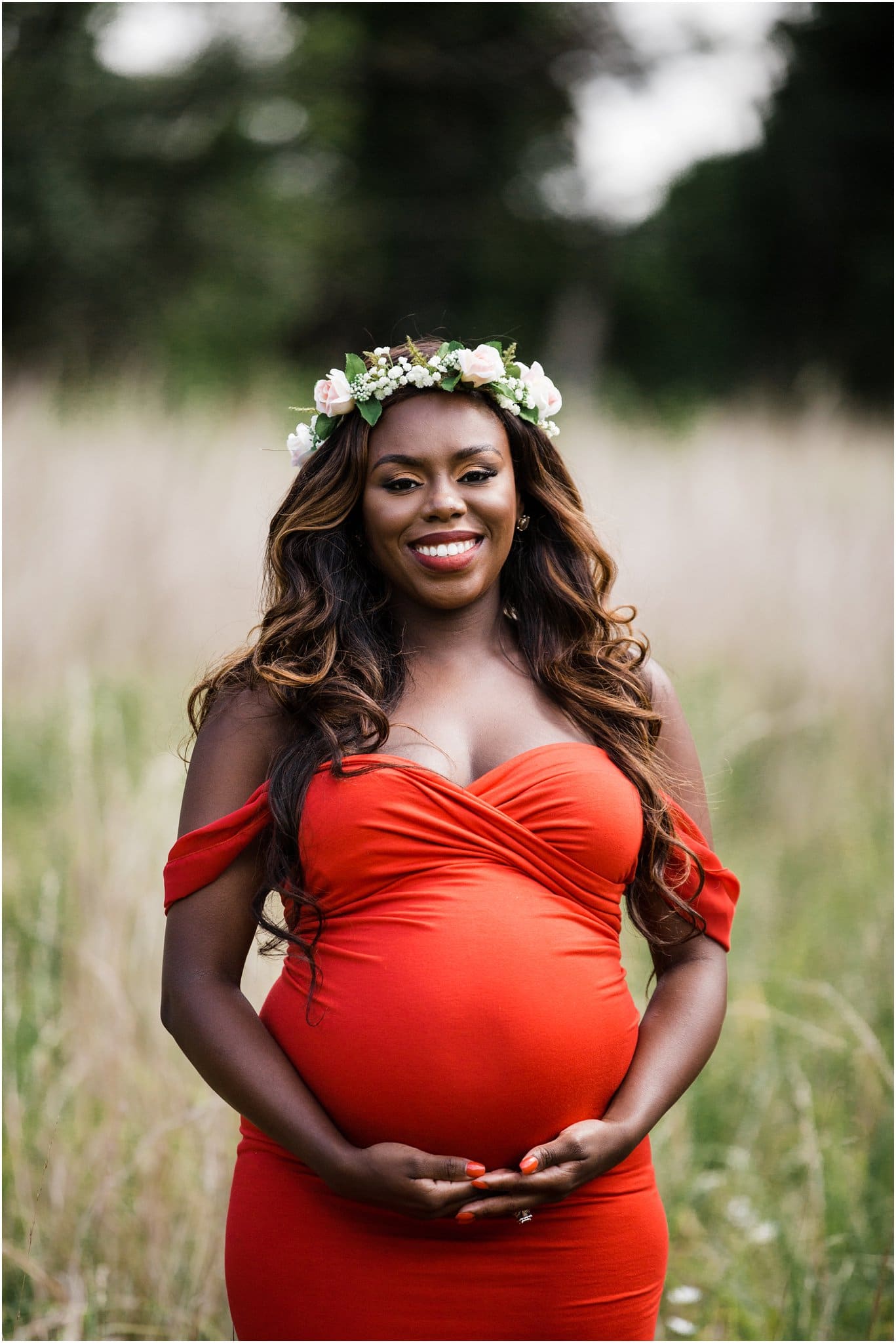 Glam red maternity dress and flower crown 