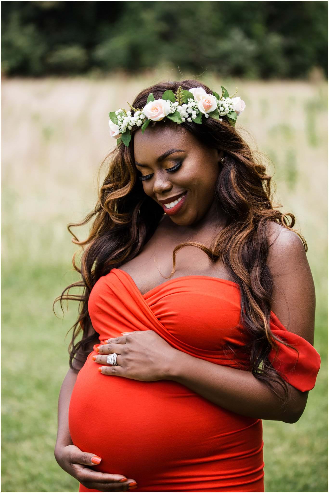 Glam red maternity dress and flower crown 