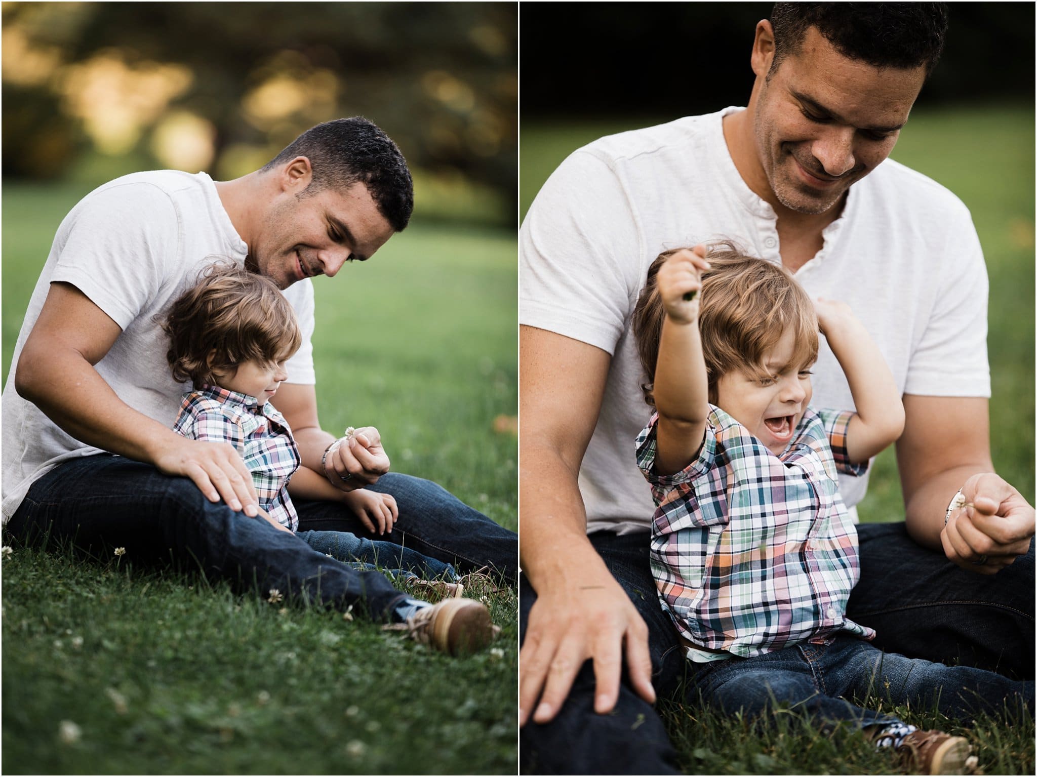 photos of father and son sitting and laughing