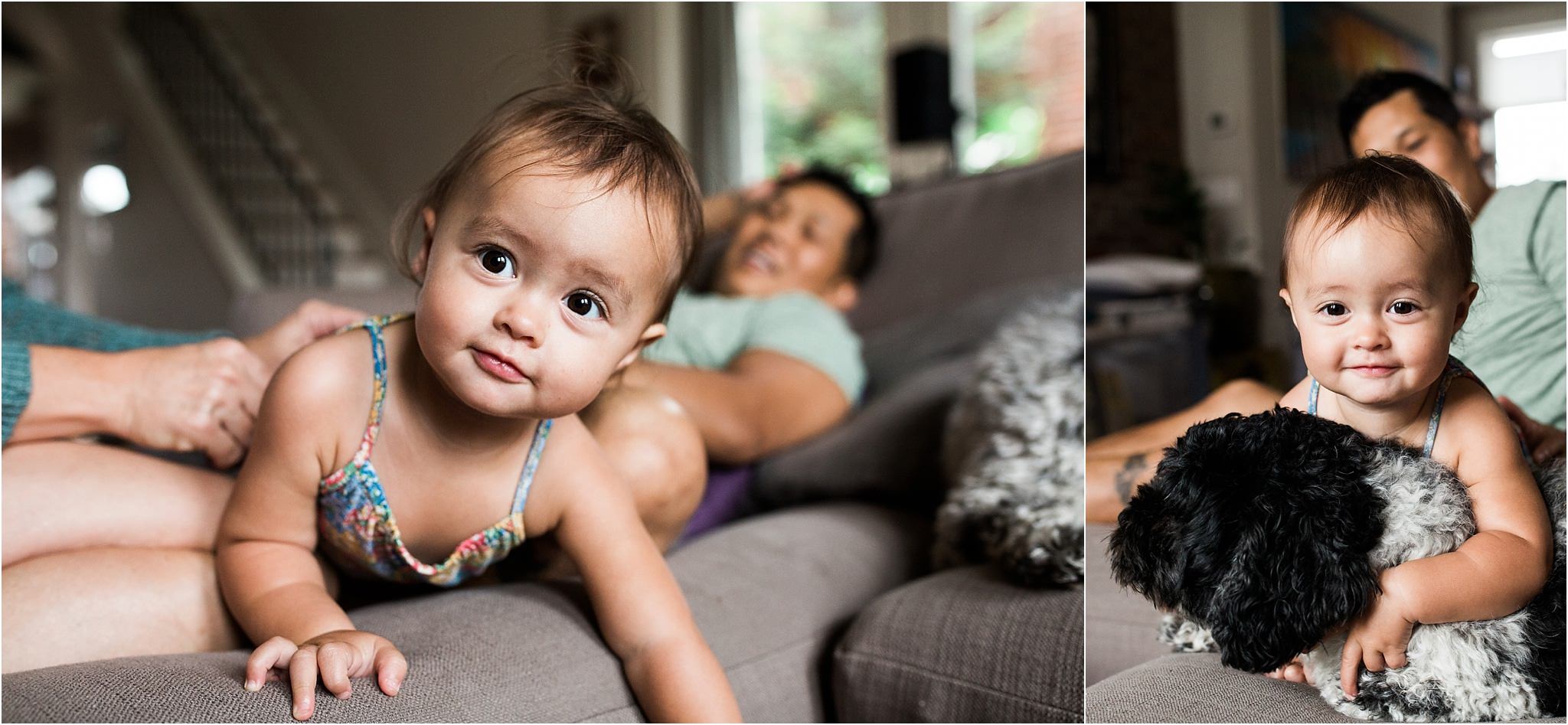 baby girl and family dog on couch