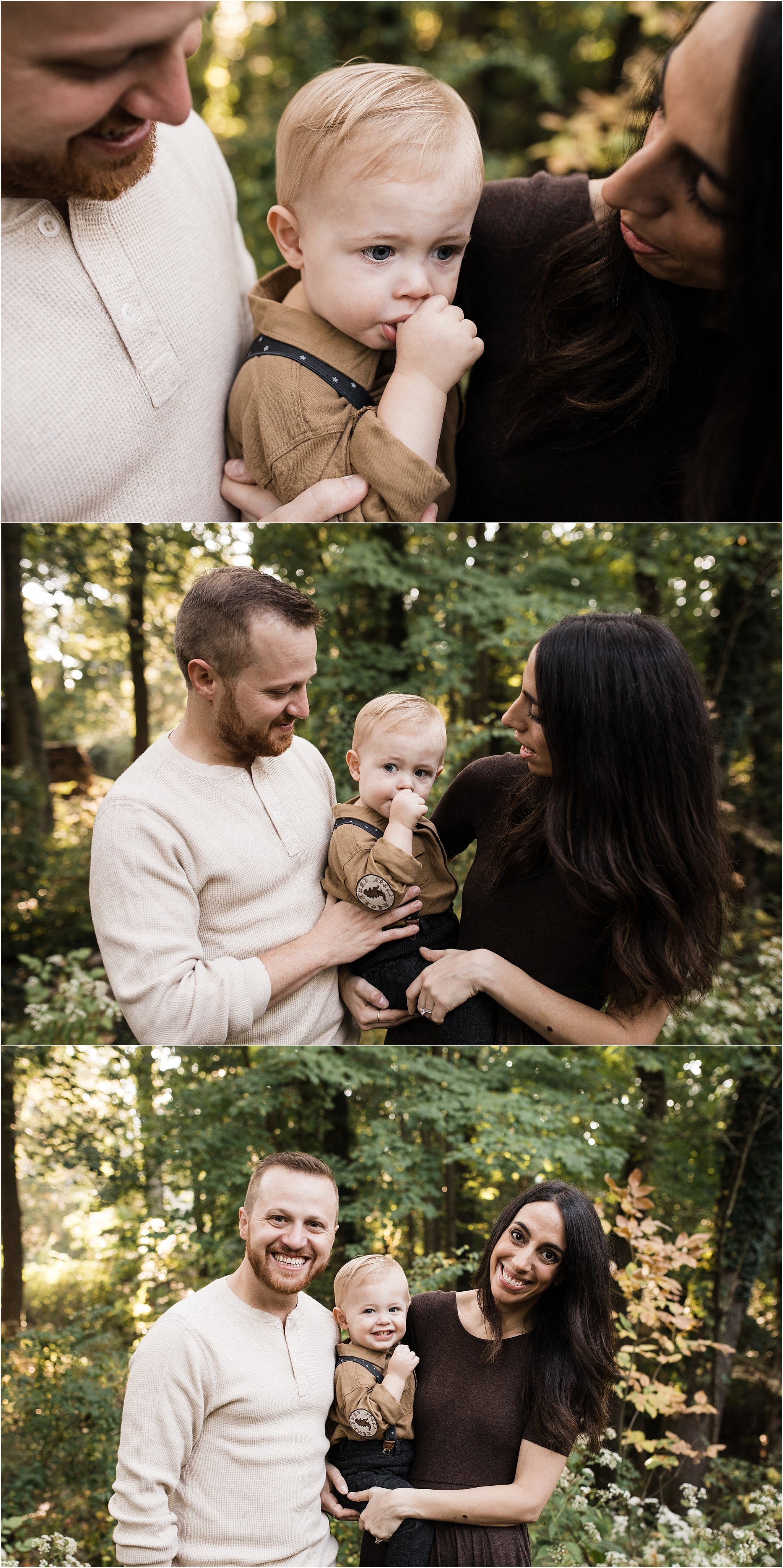 parents holding thumb sucking toddler boy