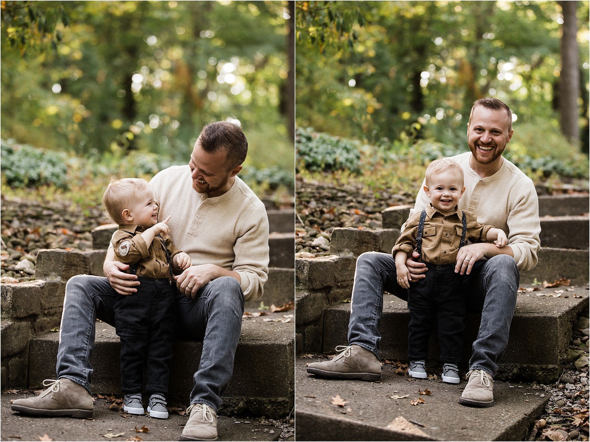 photos of father and son on steps of home