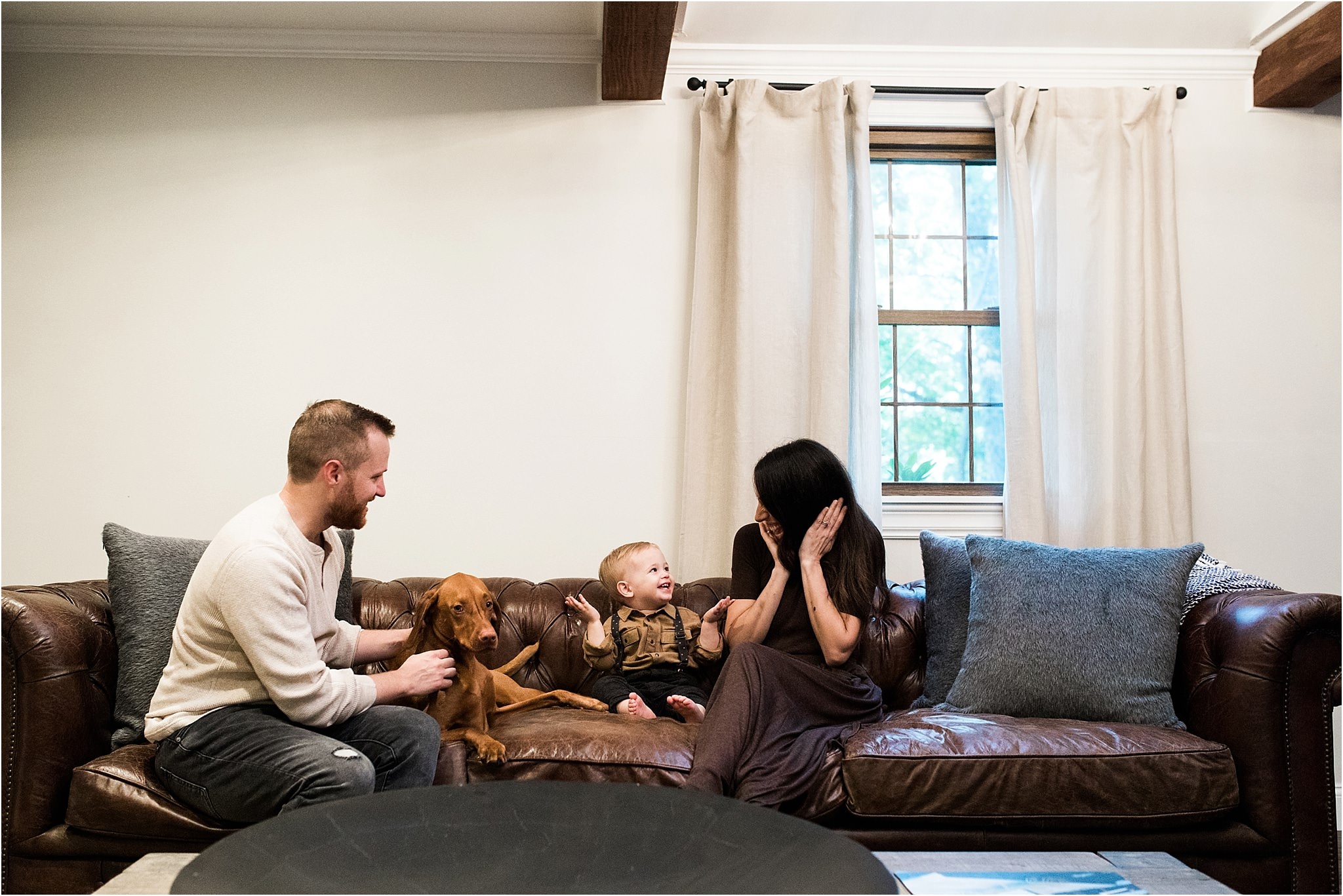 family photos on living room couch