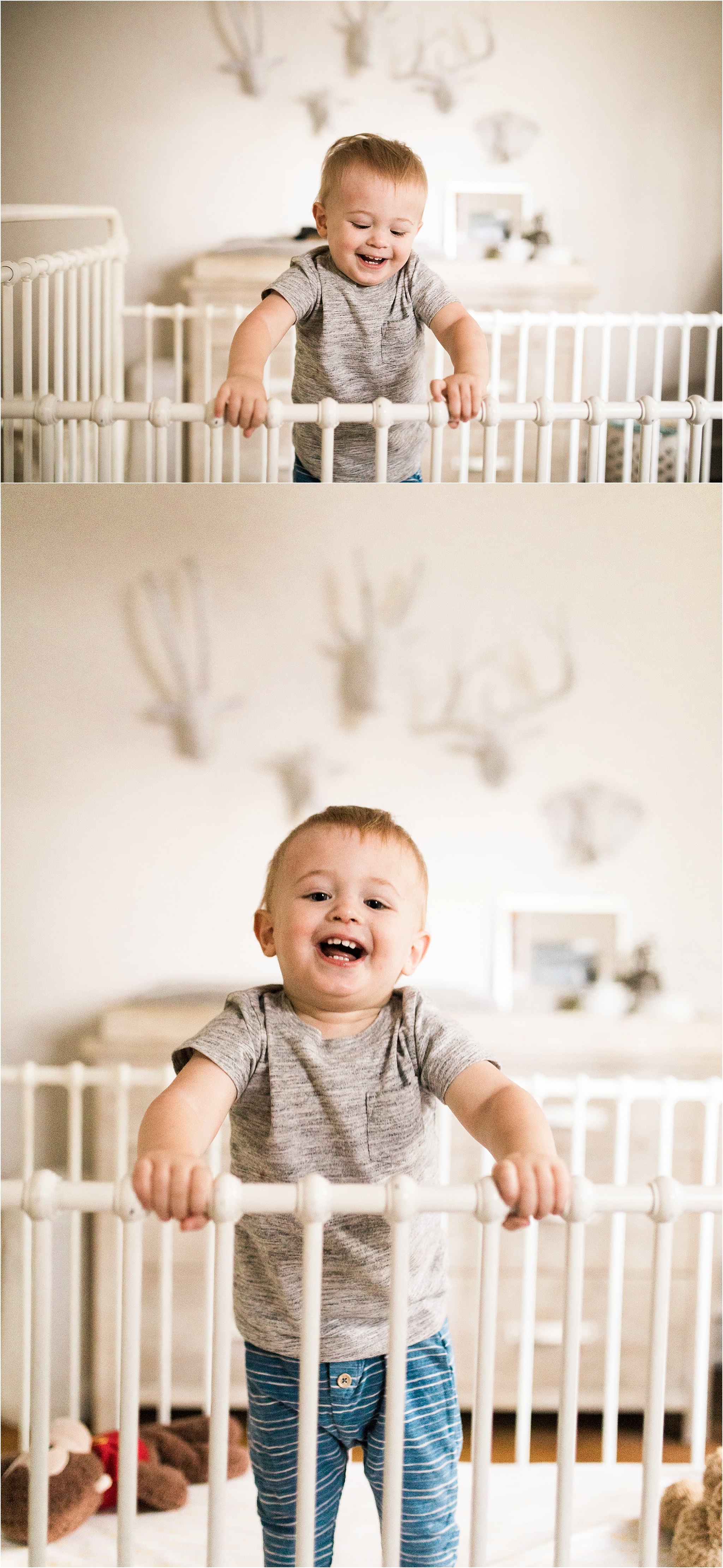 one year old boy jumping in crib