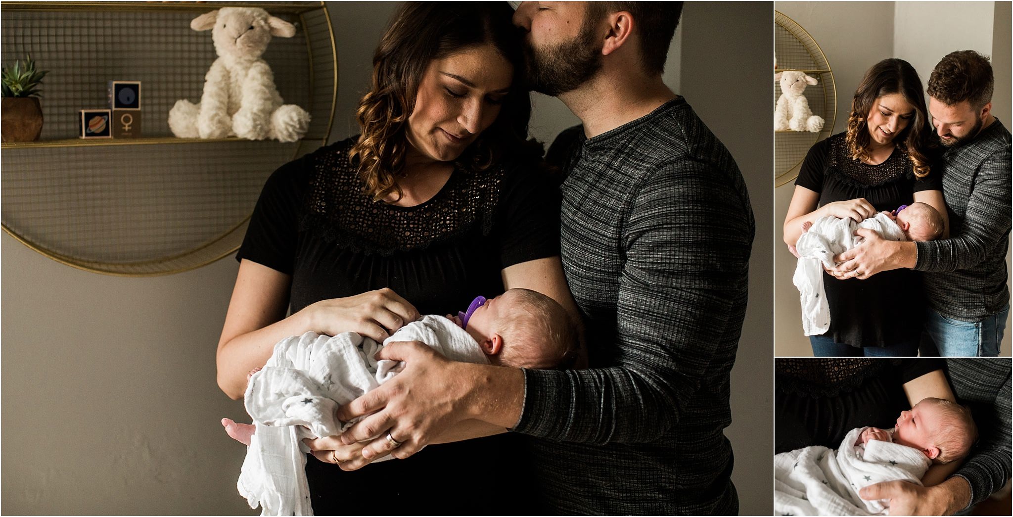 new father kissing mother holding newborn baby