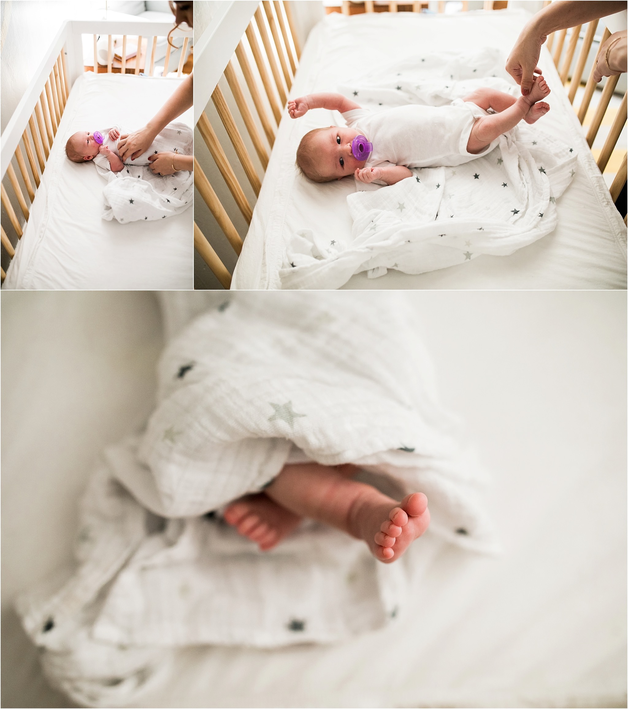 newborn baby stretching in nursery crib