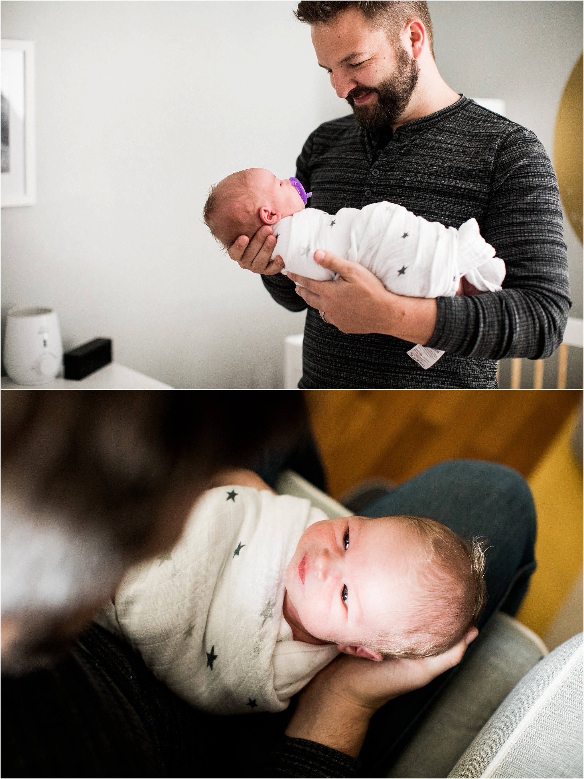 father holding newborn baby girl in home nursery