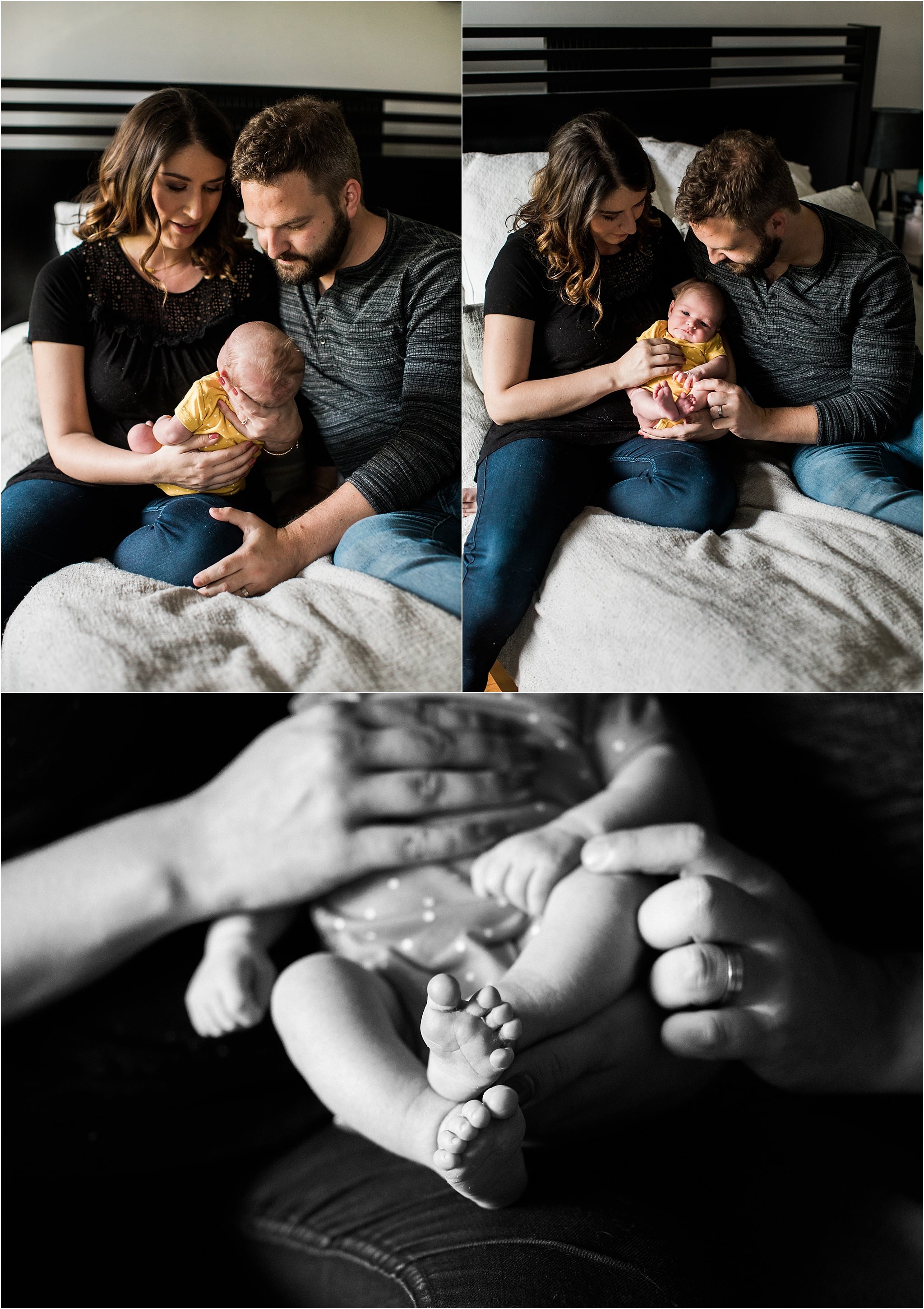 parents holding newborn baby girl on bed 