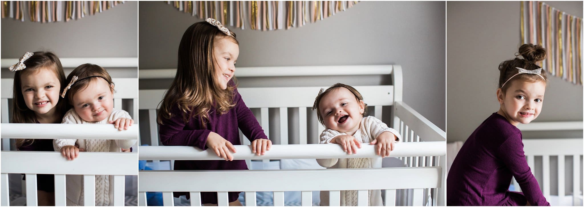 sisters laughing and playing in crib