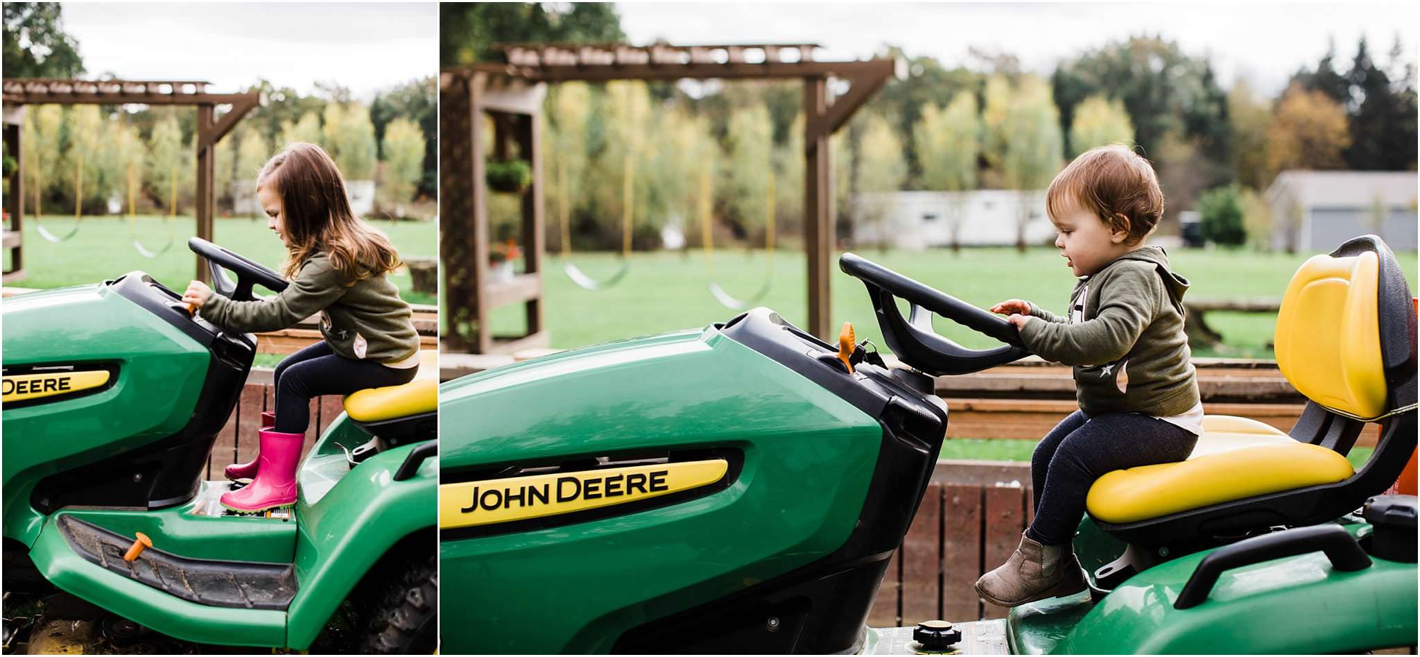 toddlers playing on John Deere tractor