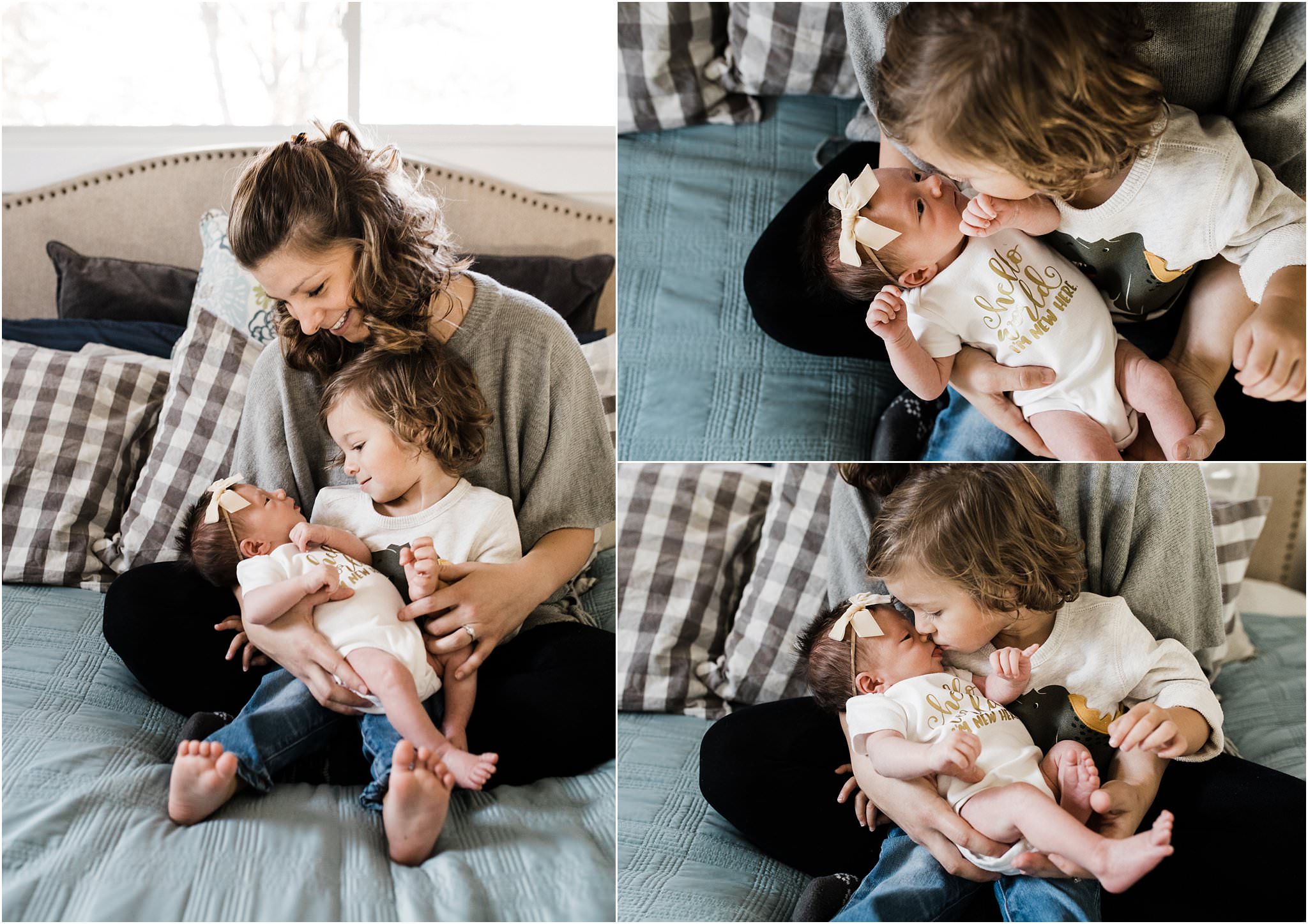 mother holding toddler boy and newborn baby girl