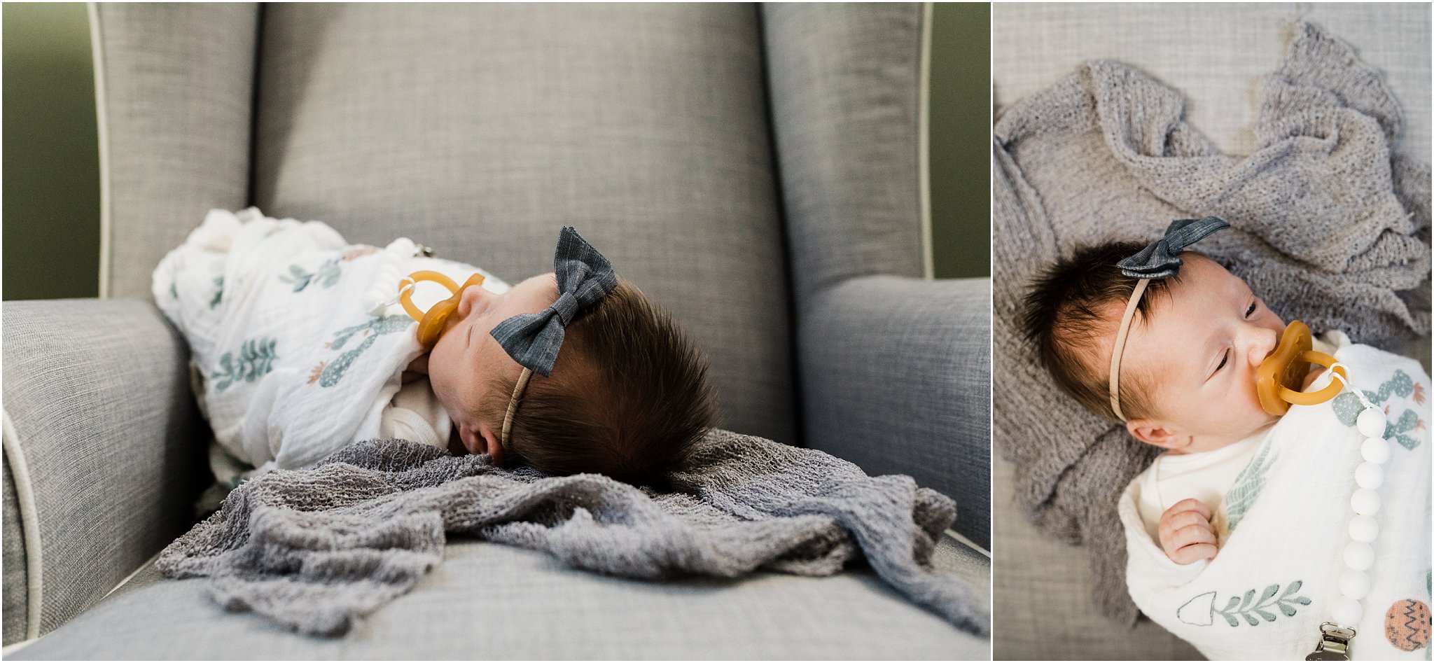 newborn baby girl wearing little poppy co bow with full head of hair 