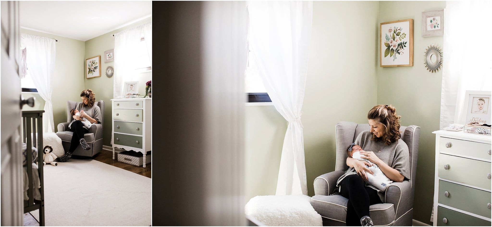 mother rocking newborn baby girl in floral themed nursery