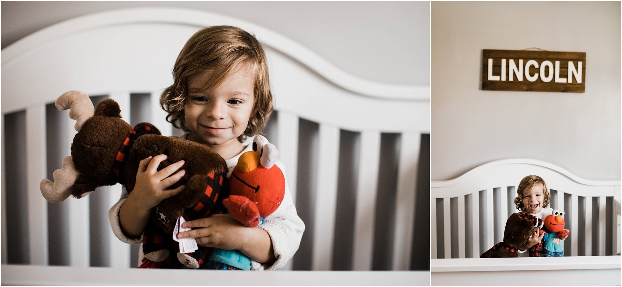 big brother playing in his room during little sisters in home newborn photo session