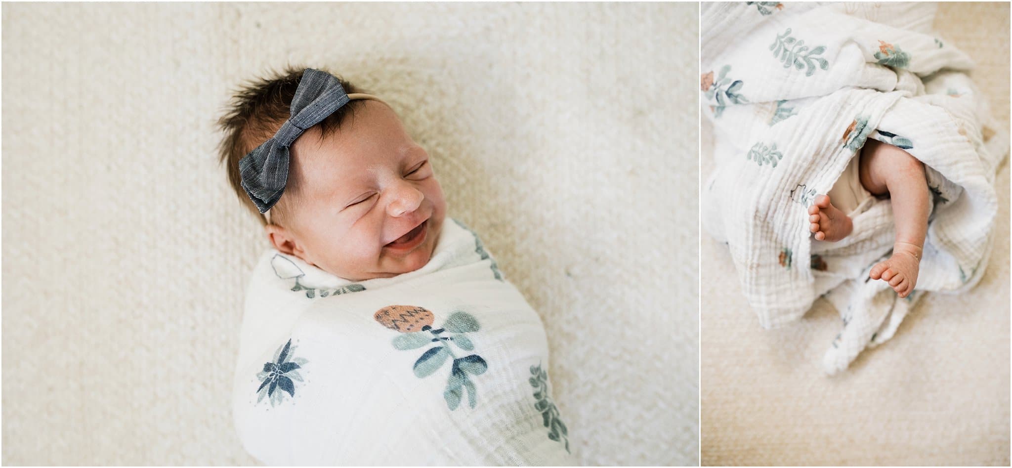 newborn baby girl in floral swaddle with toes out