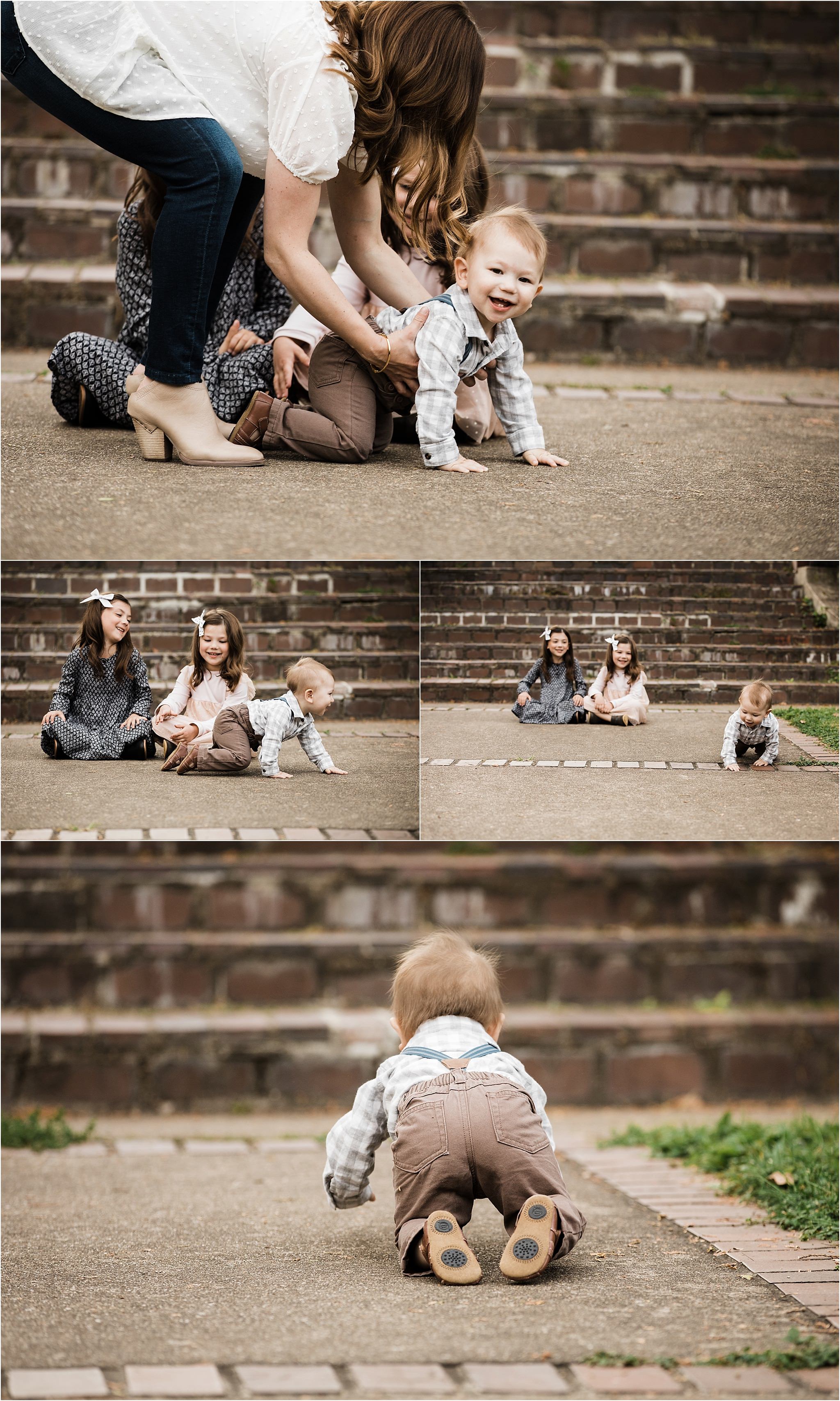 brother crawling away from family photos