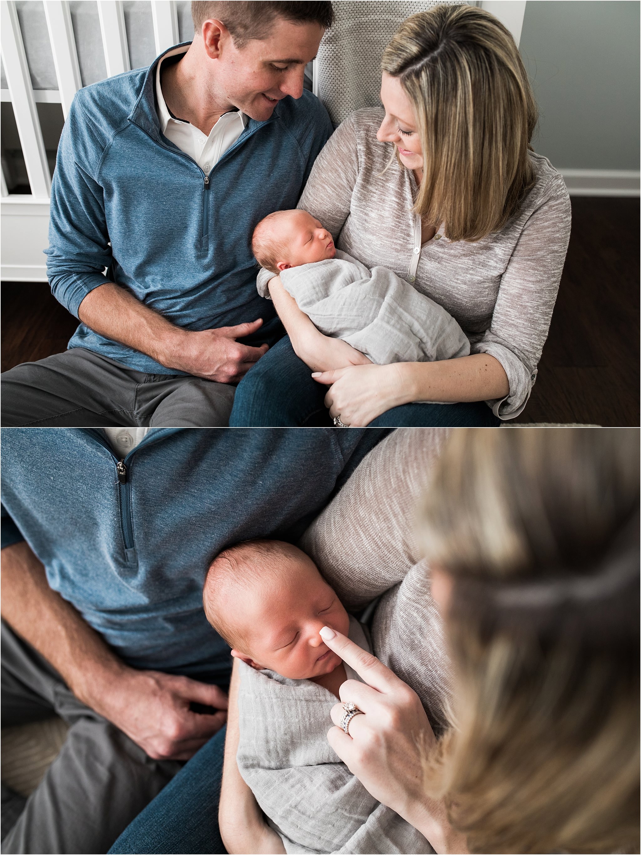 new parents holding newborn in neutral nursery