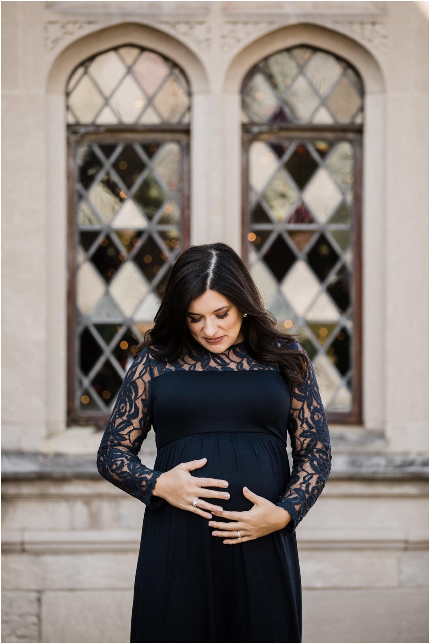 beautiful expecting mother in blue lace maternity dress