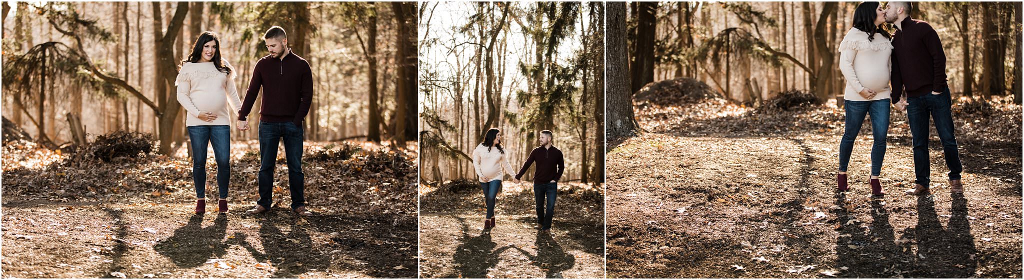 couple walking and laughing during maternity session