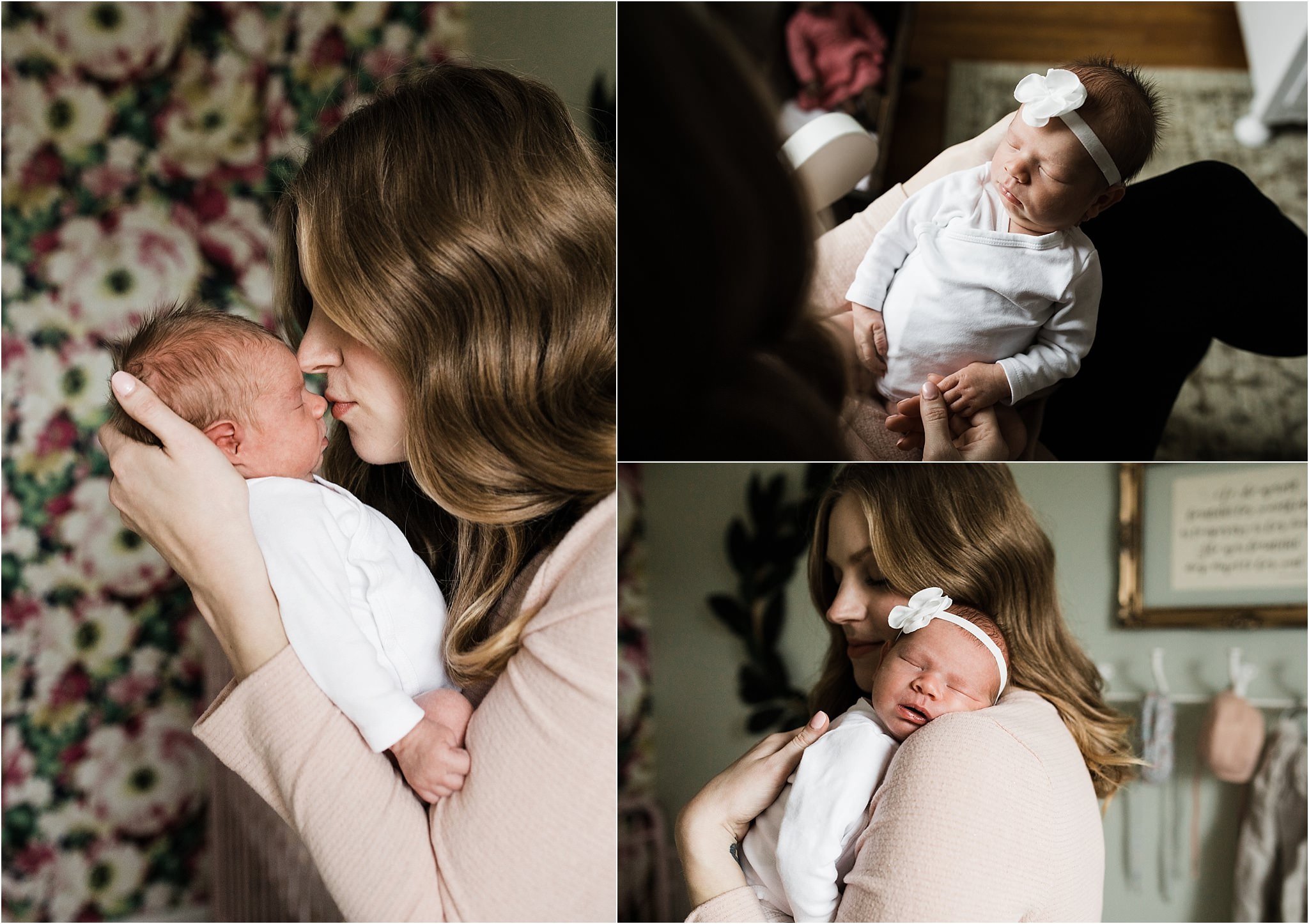 mother holding newborn baby girl in nursery