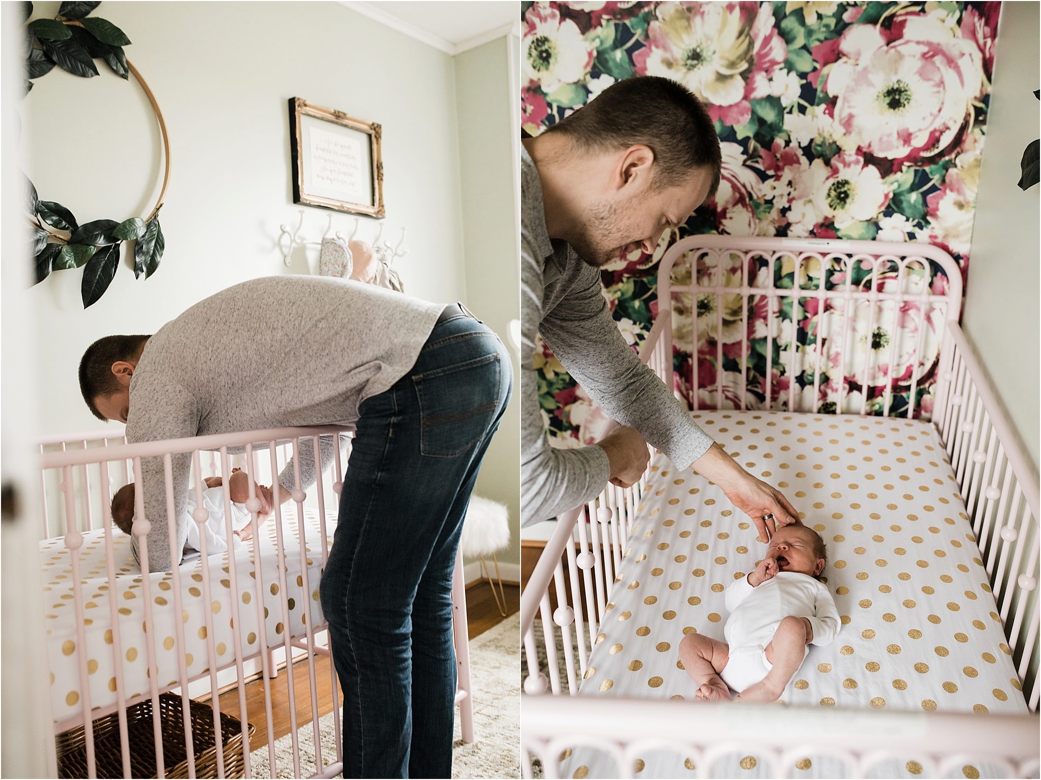 father soothing newborn to sleep in crib