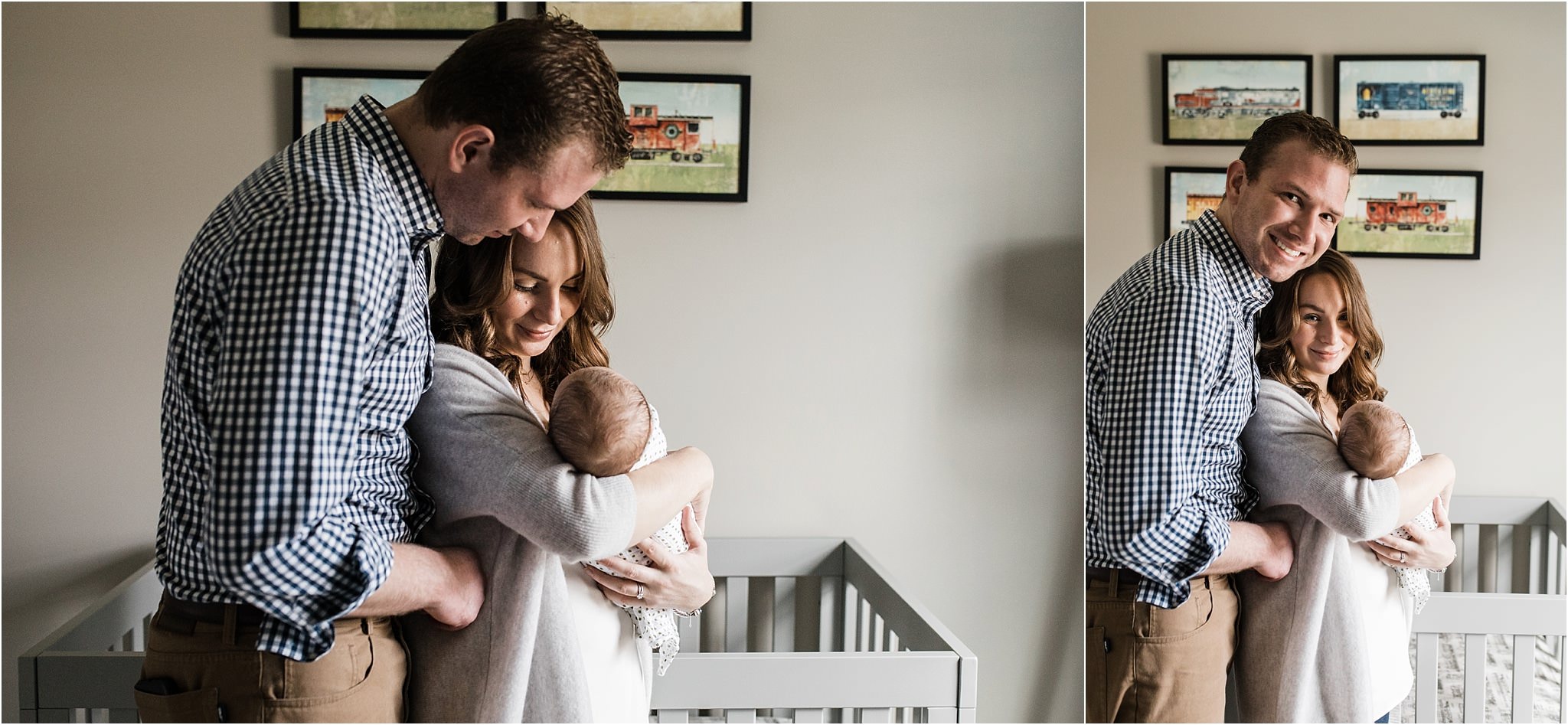 parents holding newborn son in front of crib