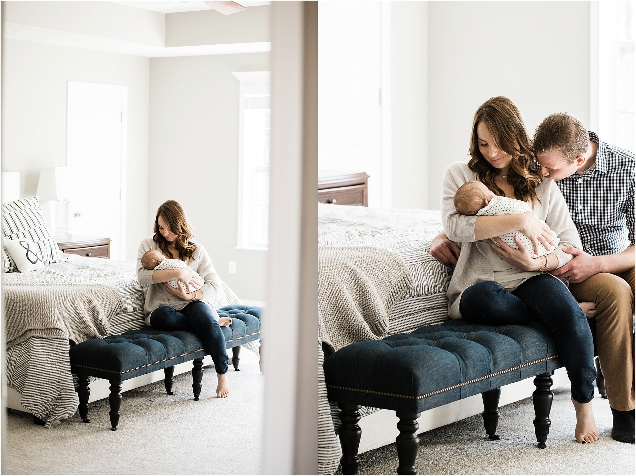 parents holding and looking at newborn baby in bedroom