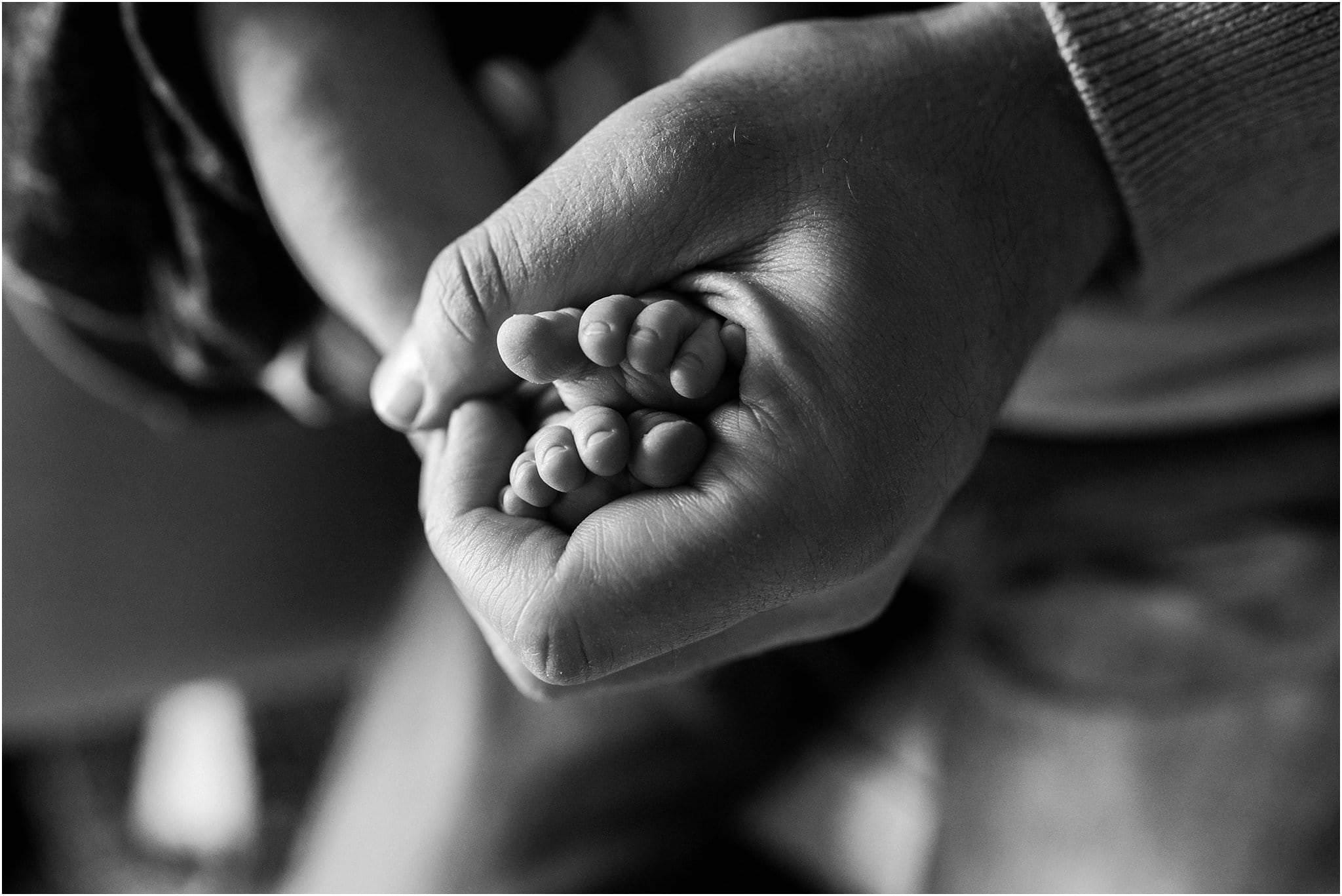 fathers hands holding newborn feet