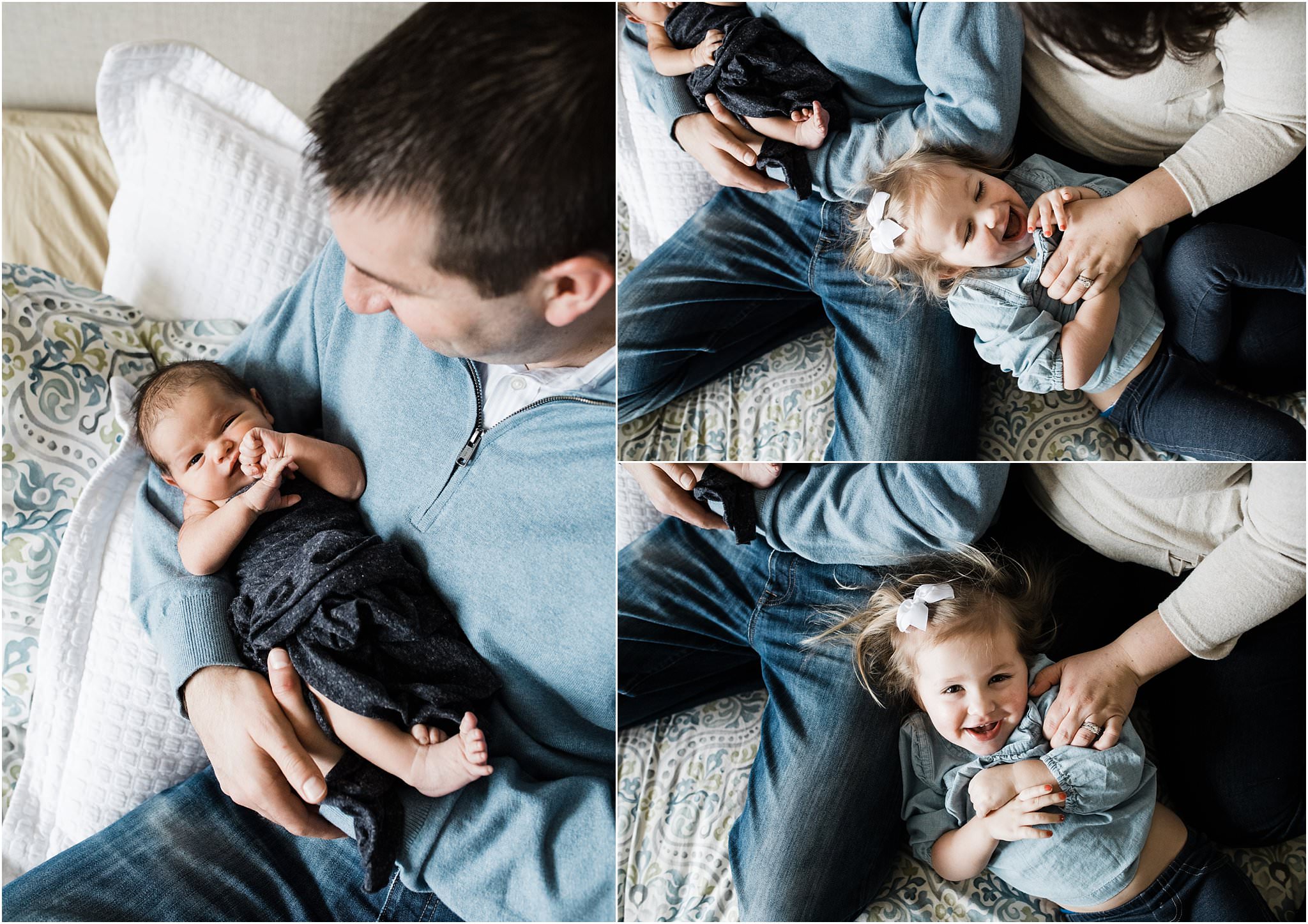 parents holding children on bed during newborn photo session