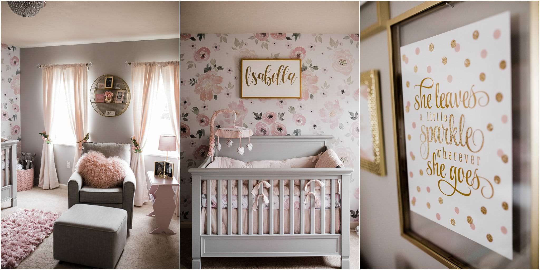 Floral wallpaper and crib sheets with gold accent nursery decor