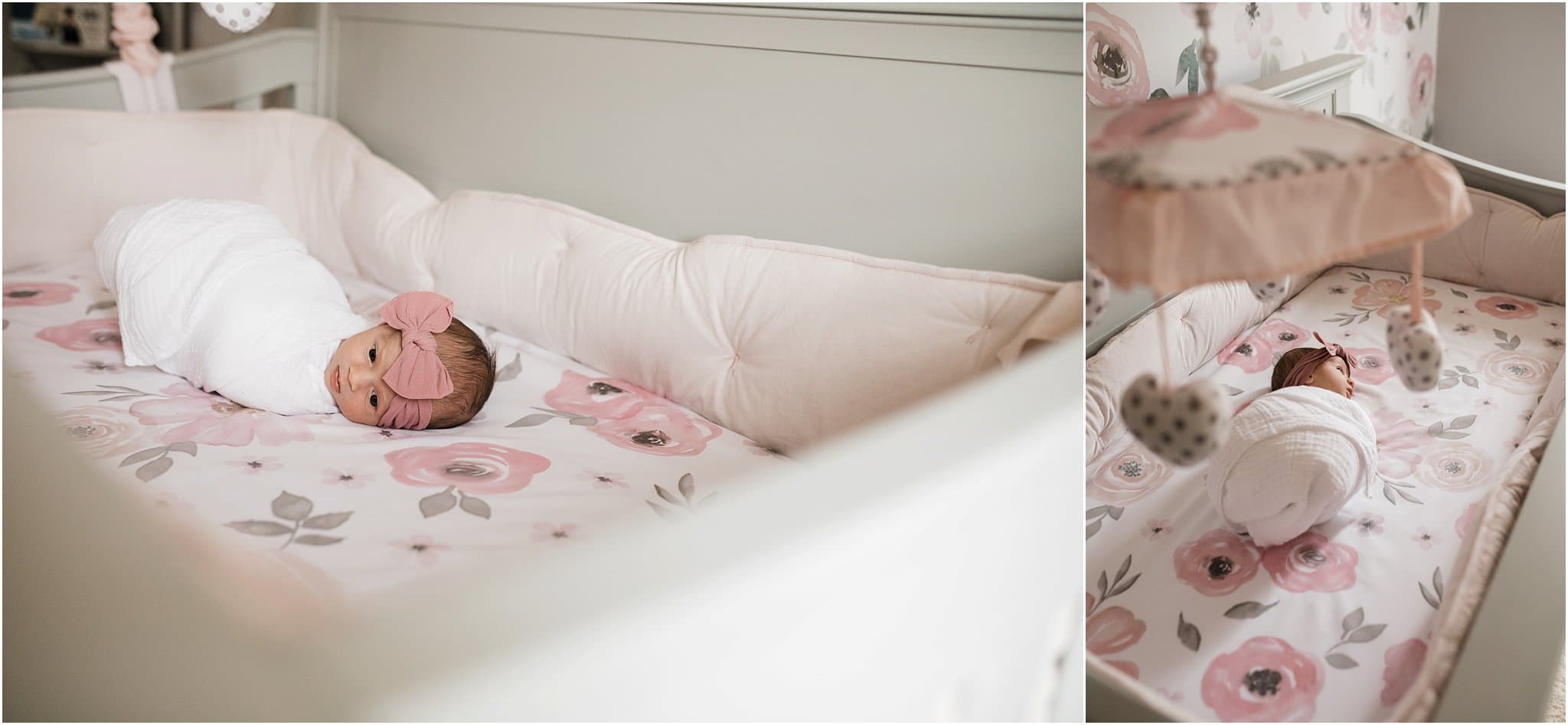 Natural swaddled newborn girl with pink bow and floral crib sheets