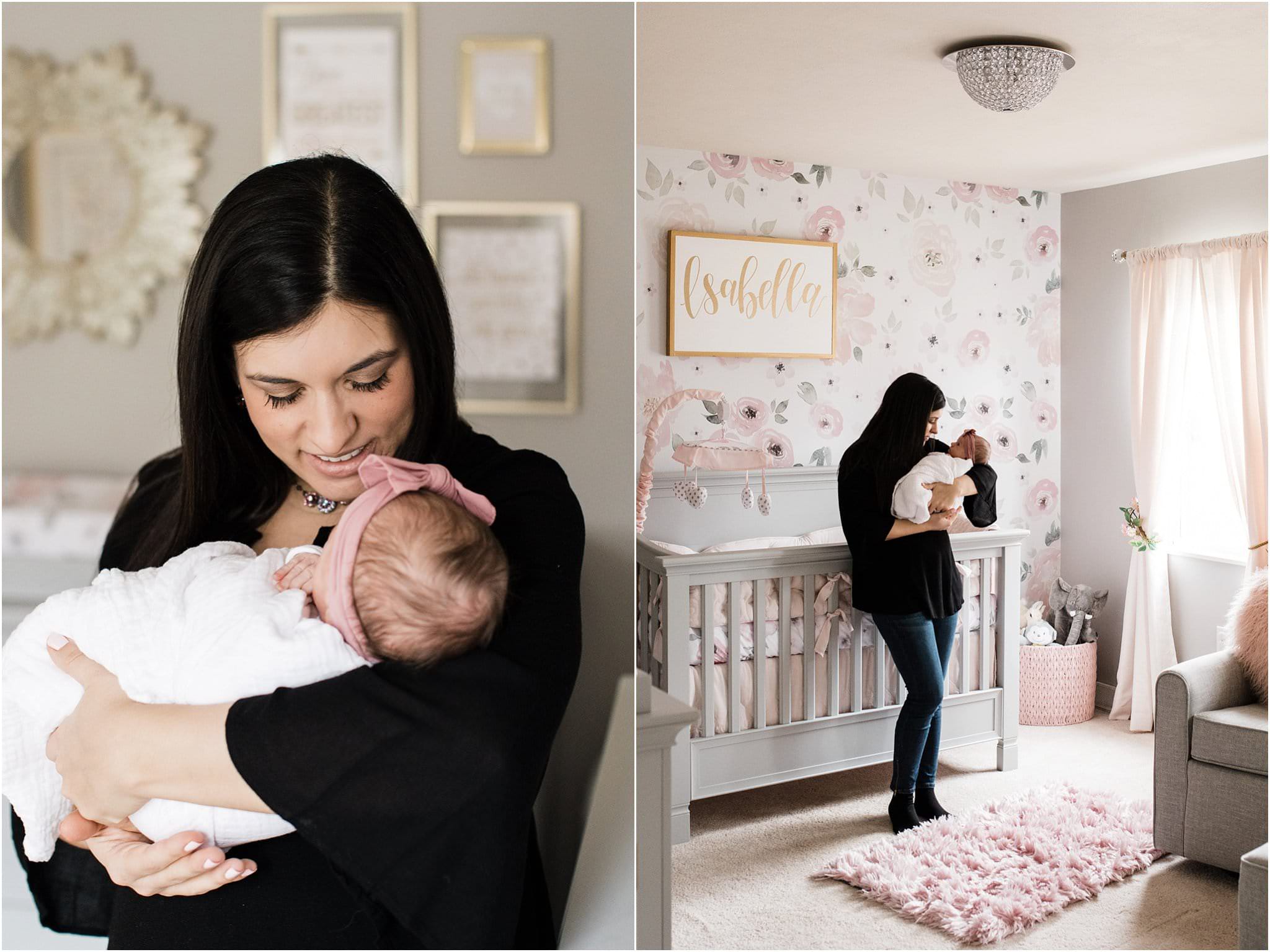 Pittsburgh Newborn Photos at home with mother in floral nursery