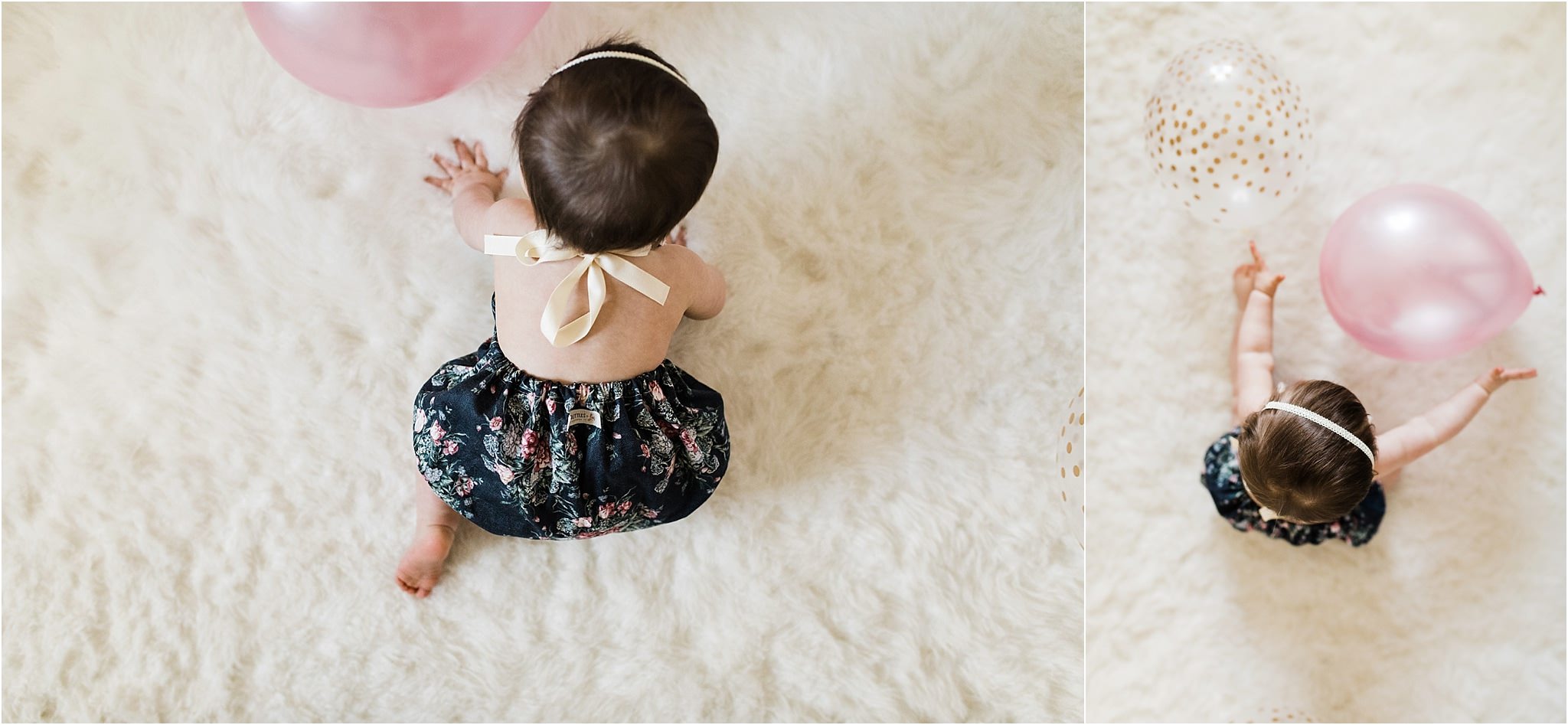 ONE YEAR OLD GIRL IN FLORAL ROMPER PHOTOS IN NURSERY
