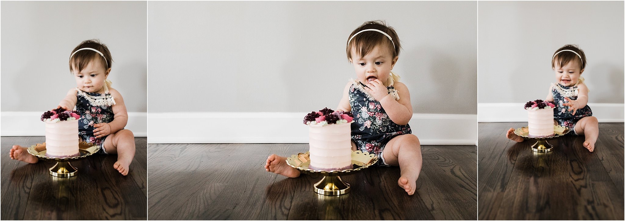 ONE YEAR OLD FLORAL SMASH CAKE AND ROMPER PHOTOS