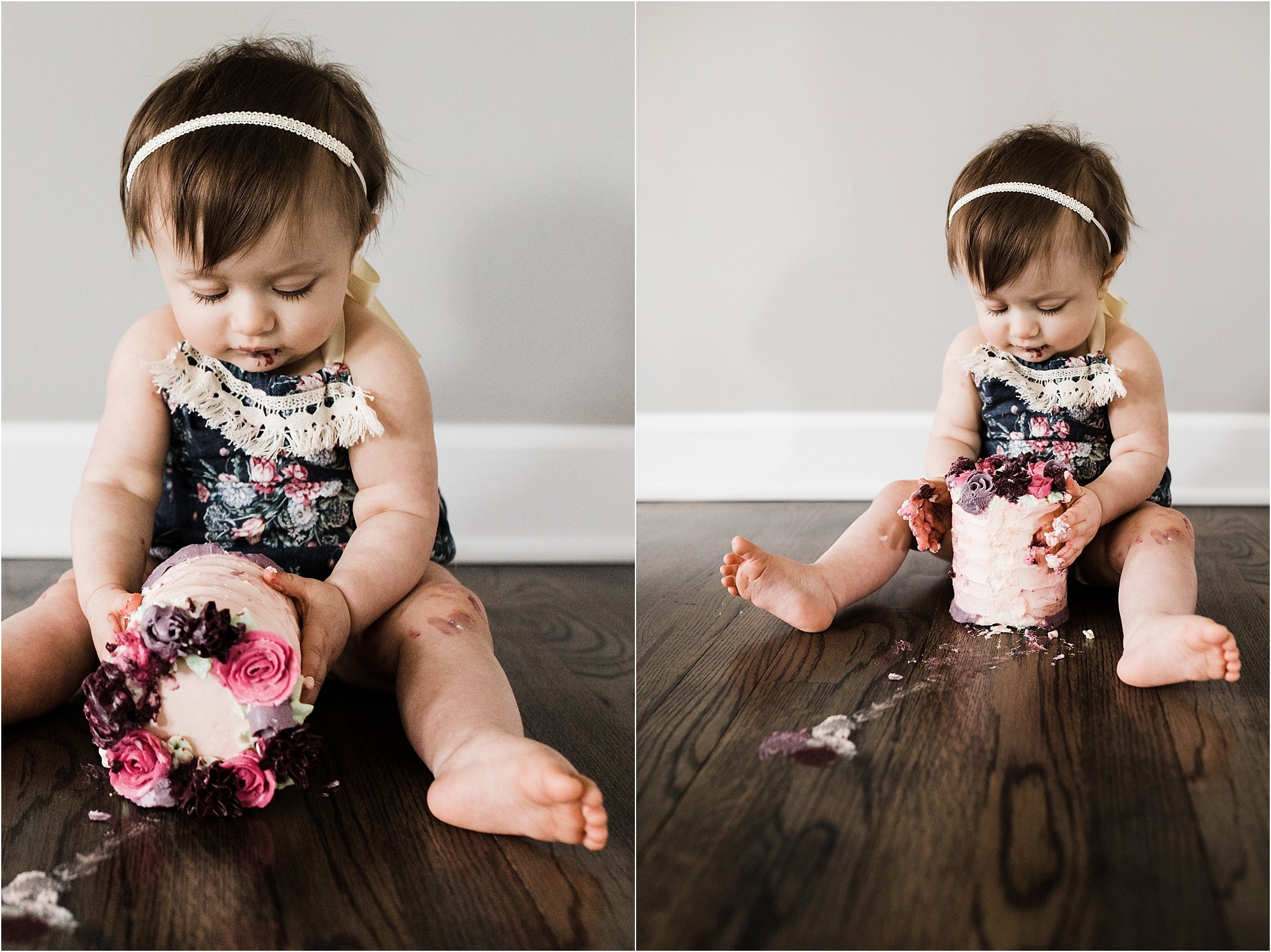 ONE YEAR OLD FLORAL SMASH CAKE AND ROMPER PHOTOS