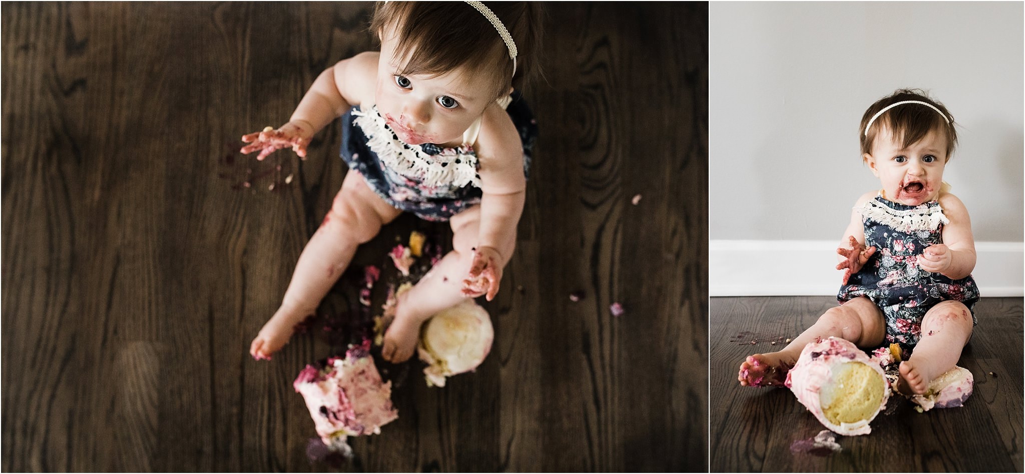 ONE YEAR OLD FLORAL SMASH CAKE AND ROMPER PHOTOS