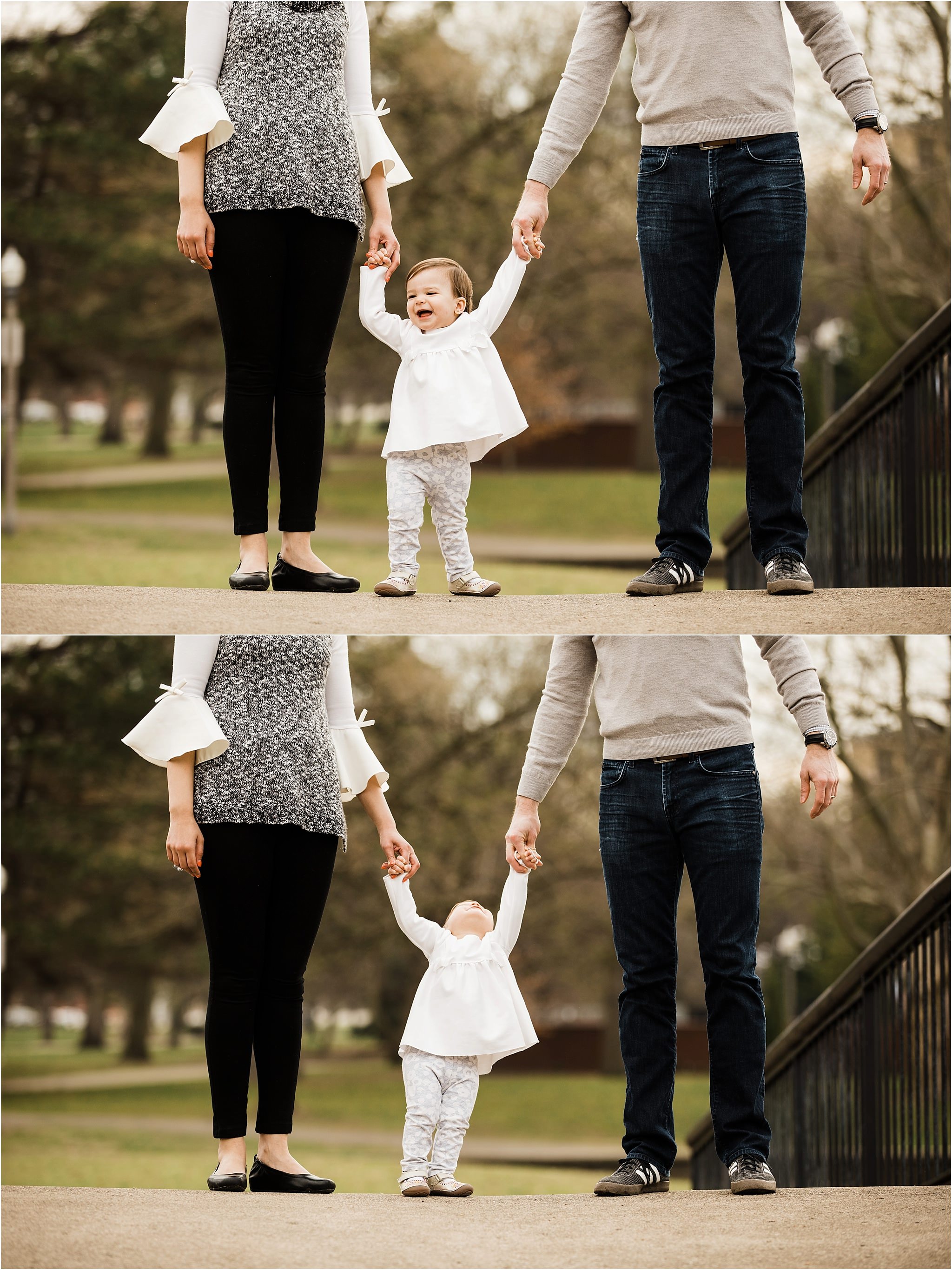 12 month old walking at Spring Family photos at West Park in Pittsburgh