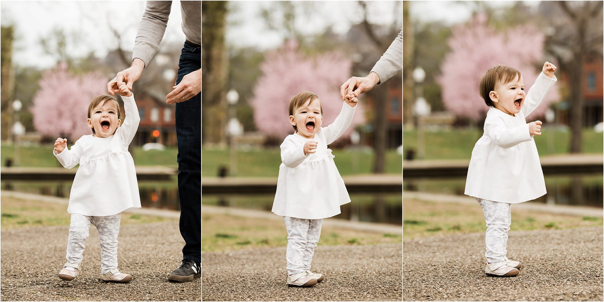 12 month old walking at Spring Family photos at West Park in Pittsburgh