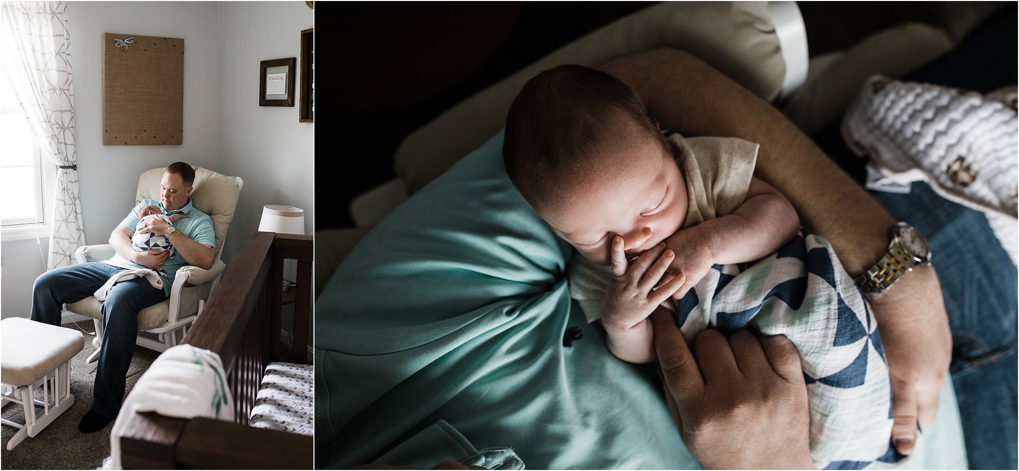 father holding newborn boy in outdoor themed nursery