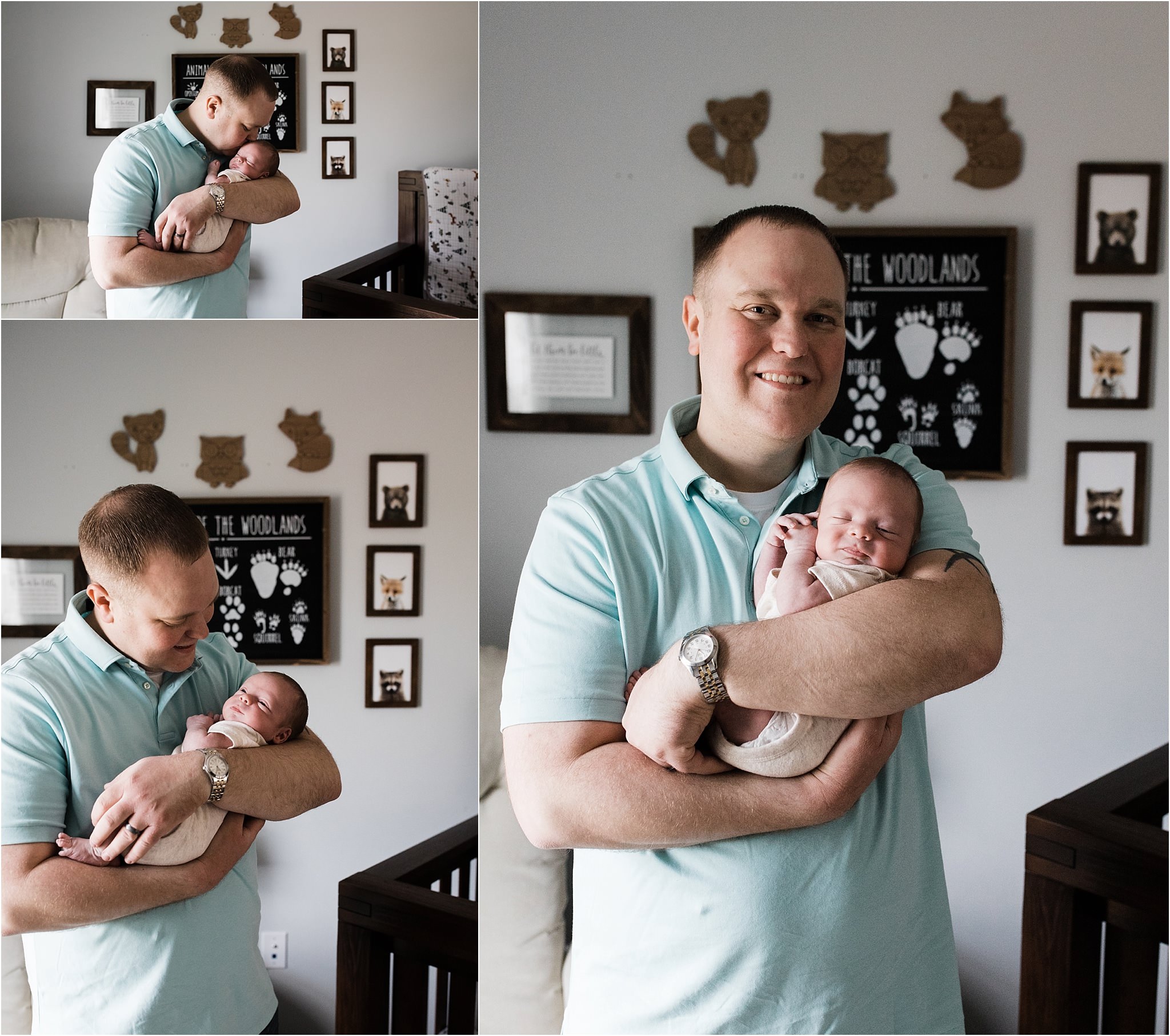 father holding newborn boy in outdoor themed nursery