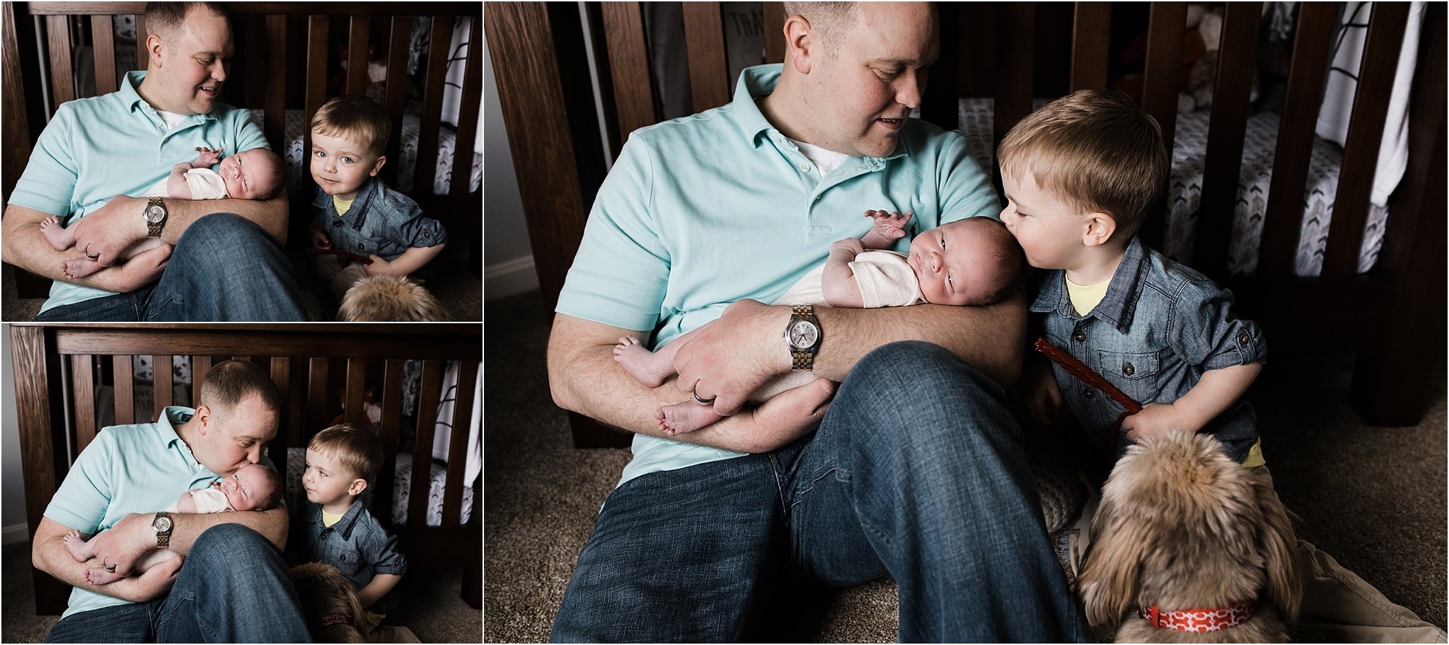 father and newborn boy and toddler boy photos at home