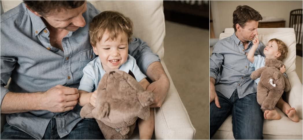 playful images of father and son during home newborn session