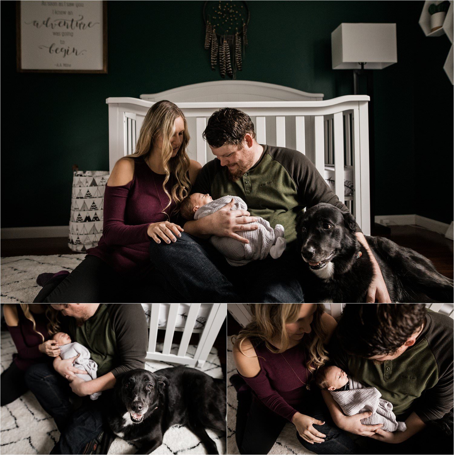 cozy family images with black lab during newborn session at home