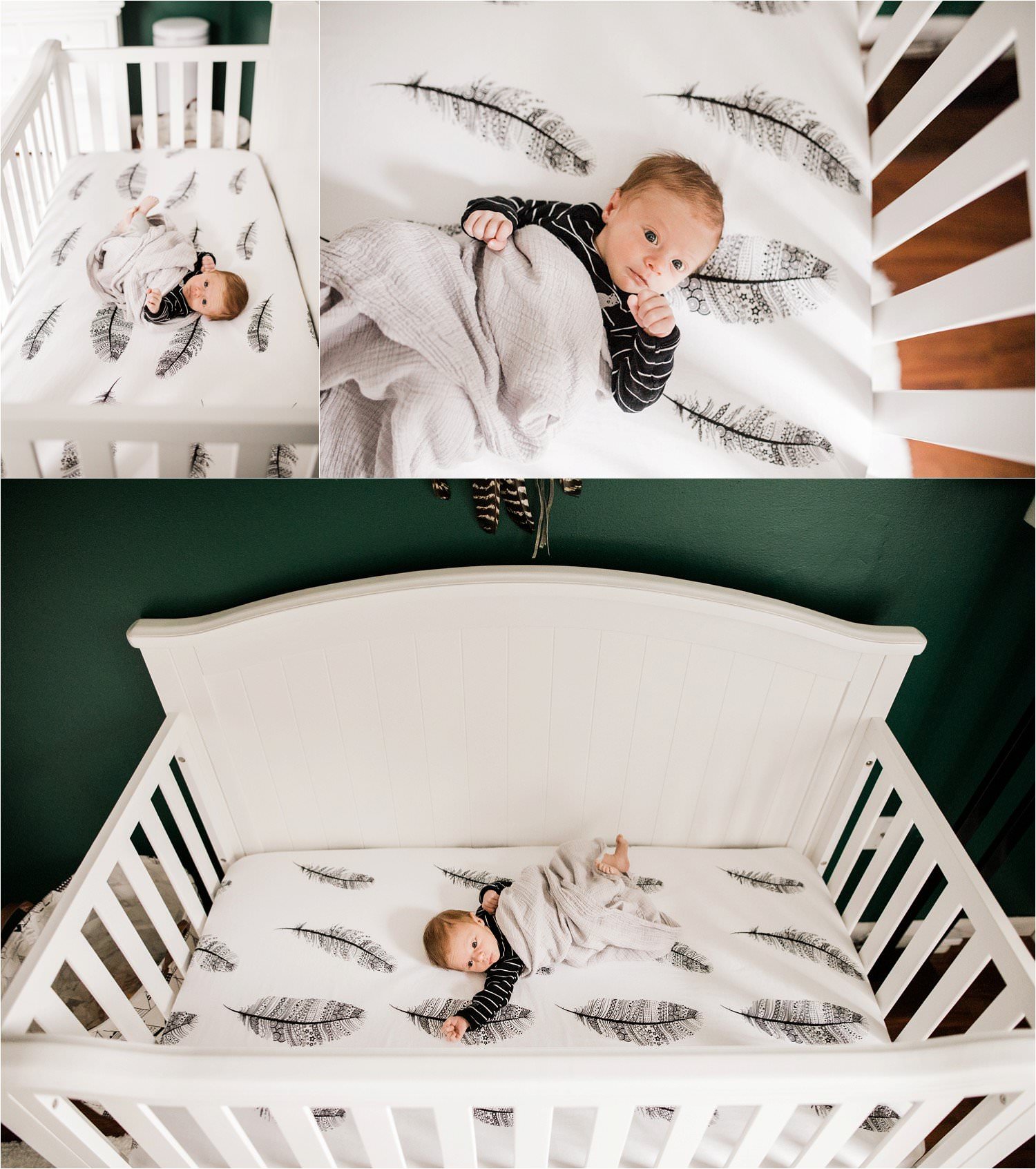 newborn baby boy in crib with feather sheet